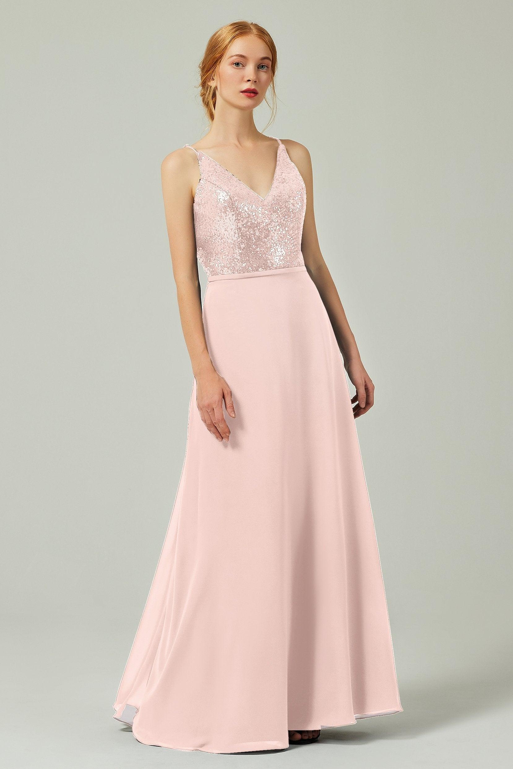 A-Line Floor Length Chiffon Sequined Bridesmaid Dress Formal Dresses CB0335 - COCOMELODY