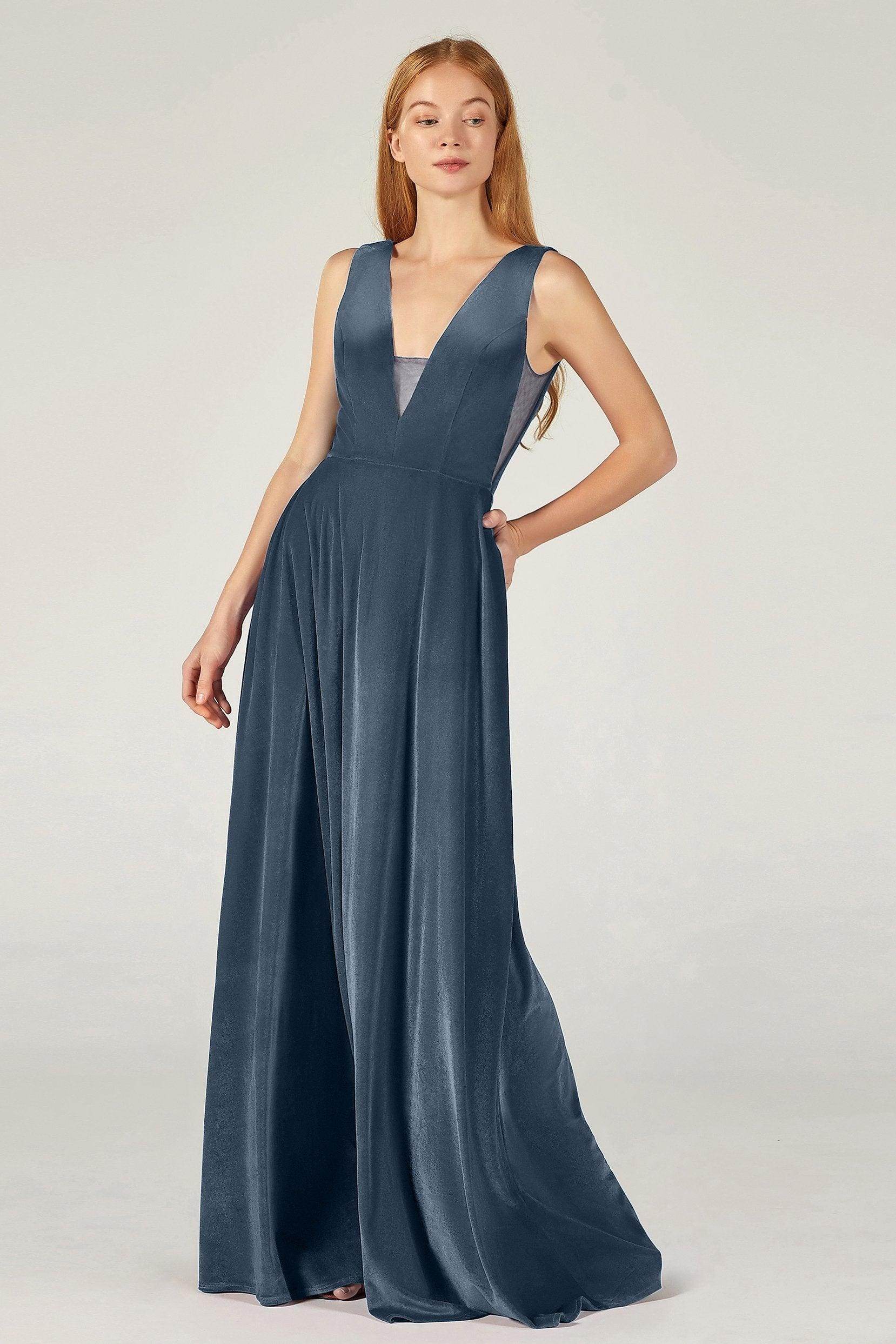 A-Line Floor Length Velvet Bridesmaid Dress COCOMELODY CB0364, Dark Dusty Blue A-Line Floor Length Velvet Bridesmaid Dress COCOMELODY CB0364, Dark Dusty Blue