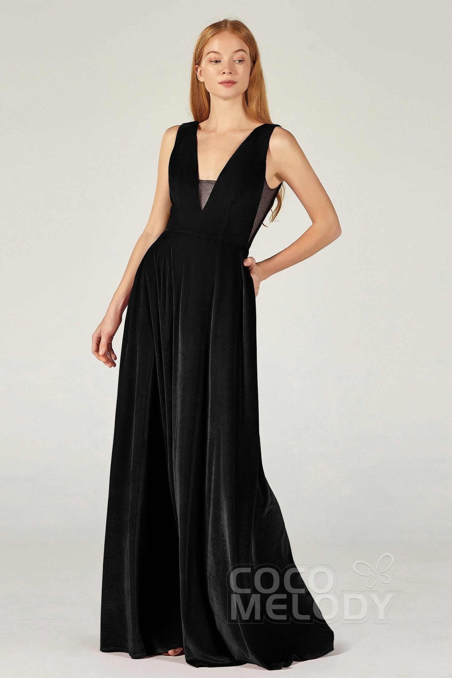 A-Line Floor Length Velvet Bridesmaid Dress CB0364CR