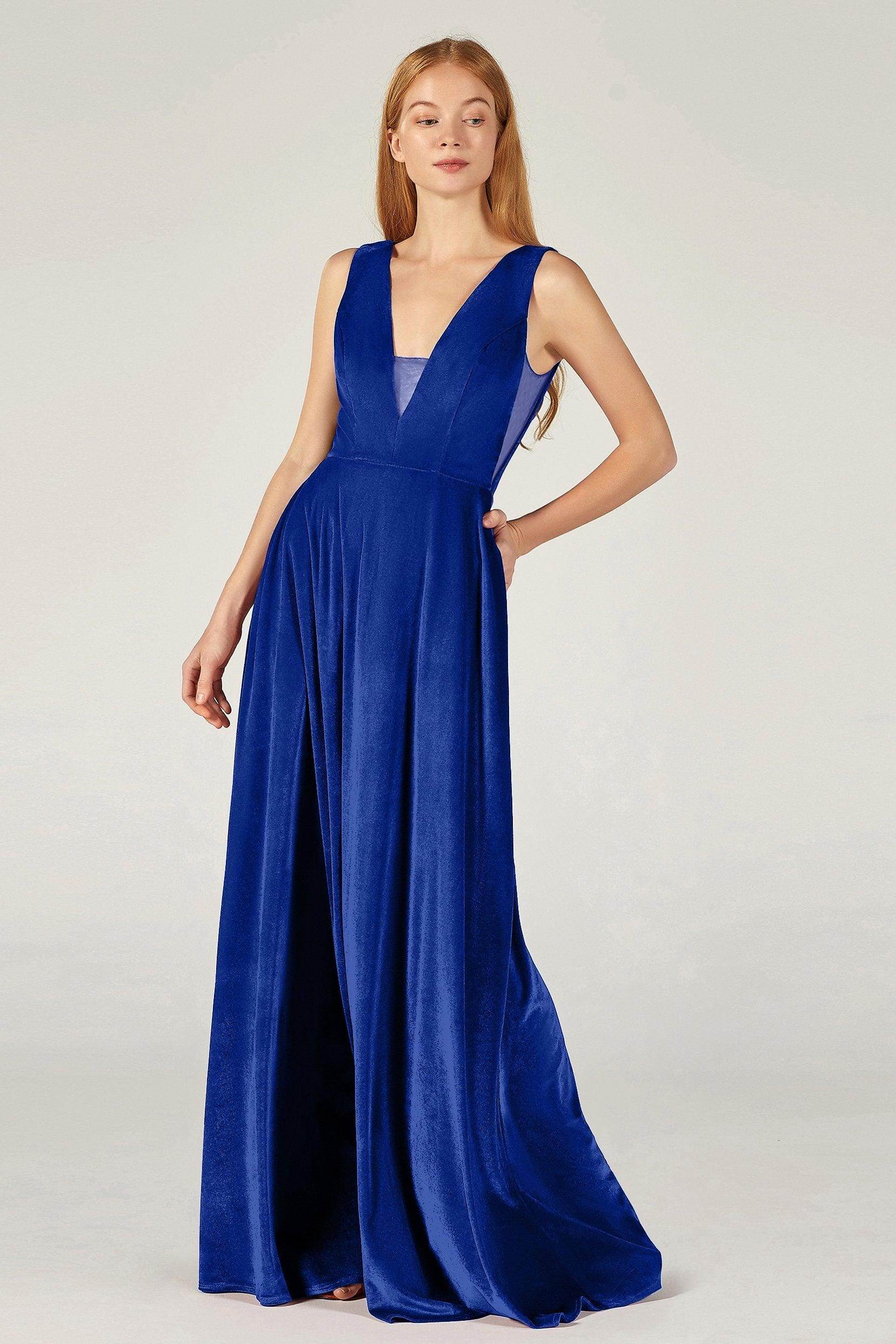 A-Line Floor Length Velvet Bridesmaid Dress COCOMELODY CB0364, Navy A-Line Floor Length Velvet Bridesmaid Dress COCOMELODY CB0364, Navy