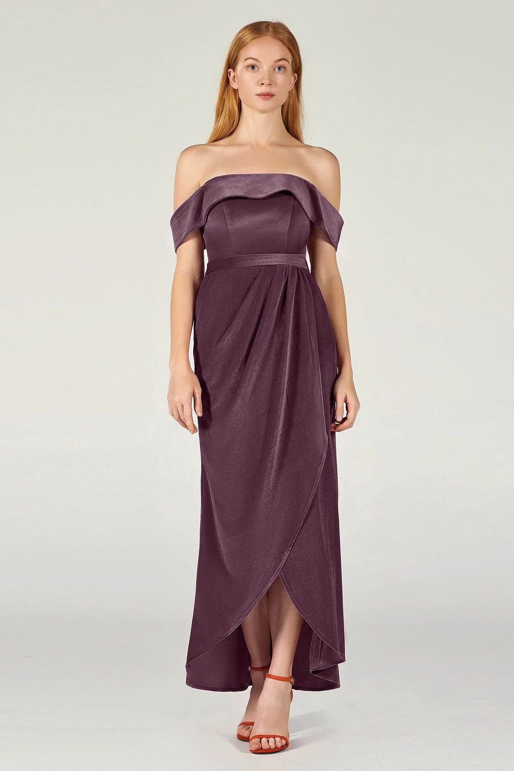 Sheath Off The Shoulder Ankle Length Bridesmaid Dress Split COCOMELODY CB0365, Dark Mauve Sheath Off The Shoulder Ankle Length Bridesmaid Dress Split COCOMELODY CB0365, Dark Mauve