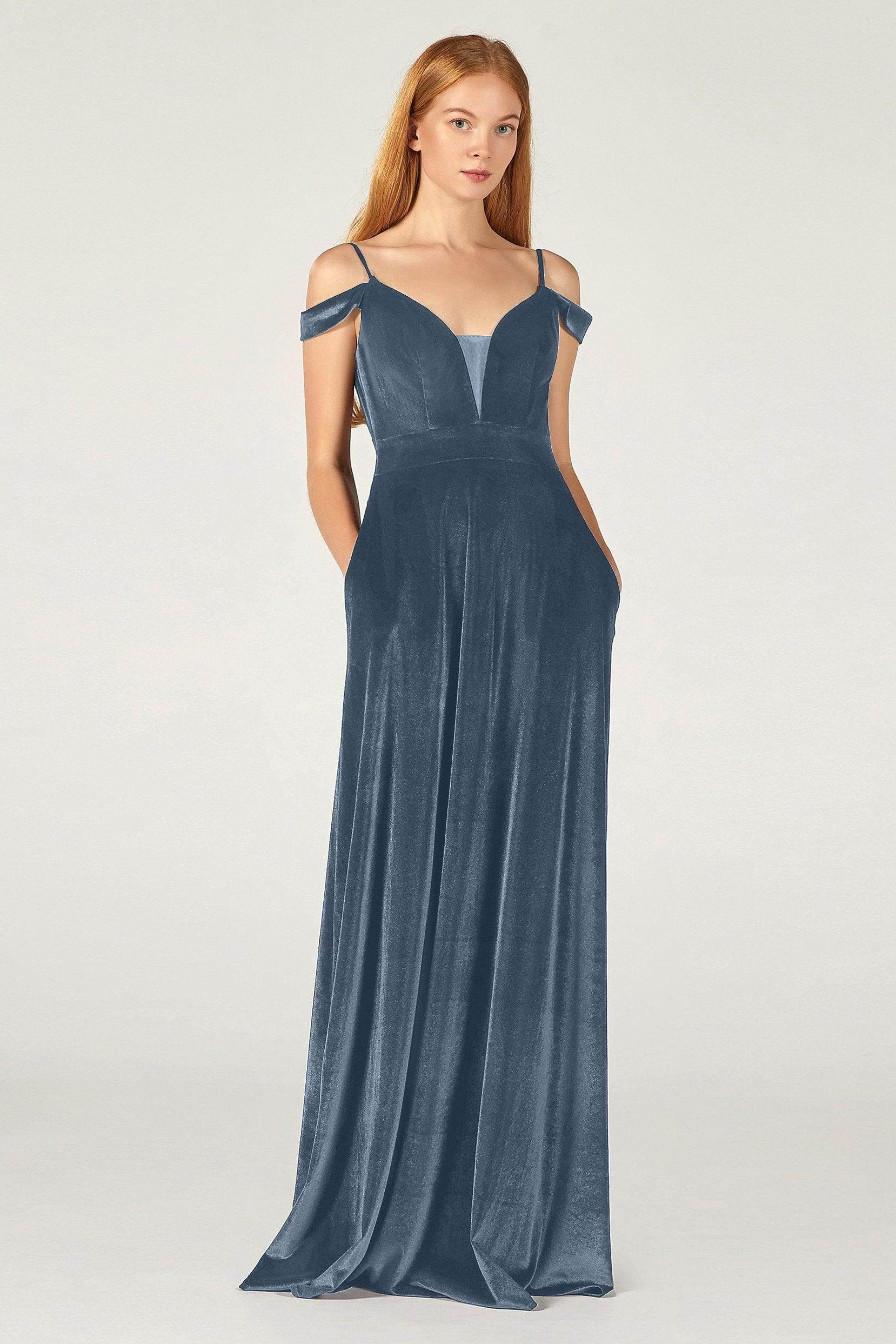 A-Line Floor Length Velvet Bridesmaid Dress COCOMELODY CB0373, Dark Dusty Blue