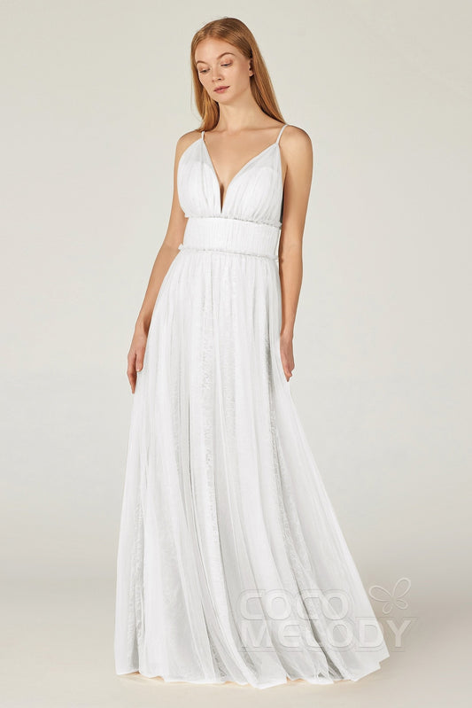 A-Line Floor Length Tulle/Lace Bridesmaid Dress CB0374