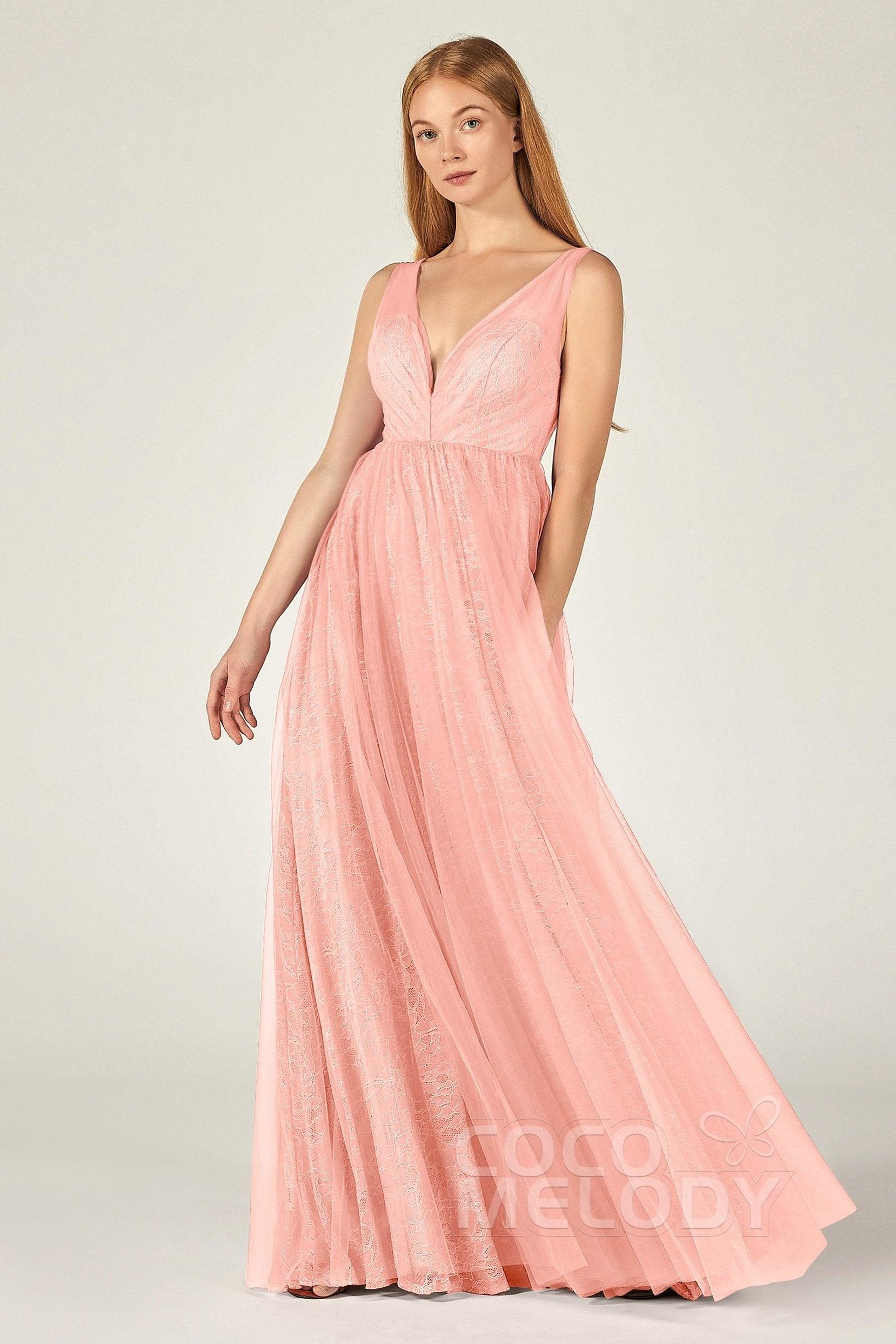A-Line Floor Length Tulle Lace Bridesmaid Dress CB0375 - COCOMELODY
