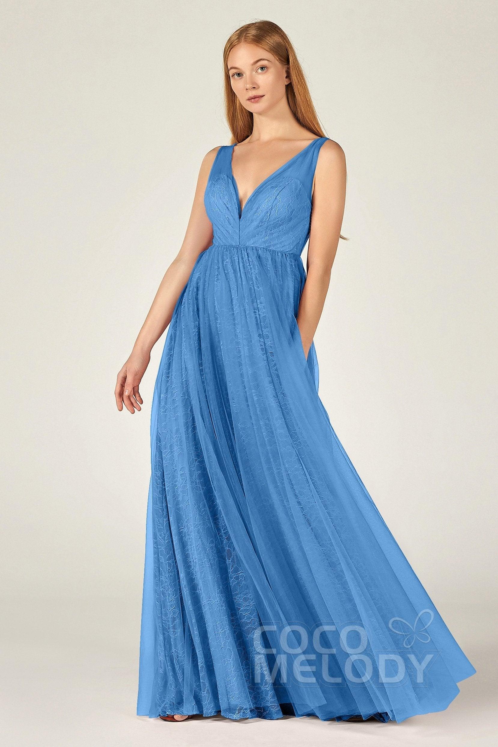 A-Line Floor Length Tulle Lace Bridesmaid Dress CB0375 - COCOMELODY