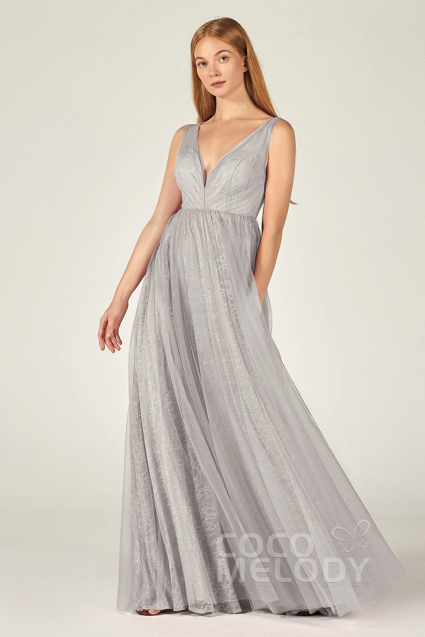 A-Line Floor Length Tulle Lace Bridesmaid Dress CB0375 - COCOMELODY