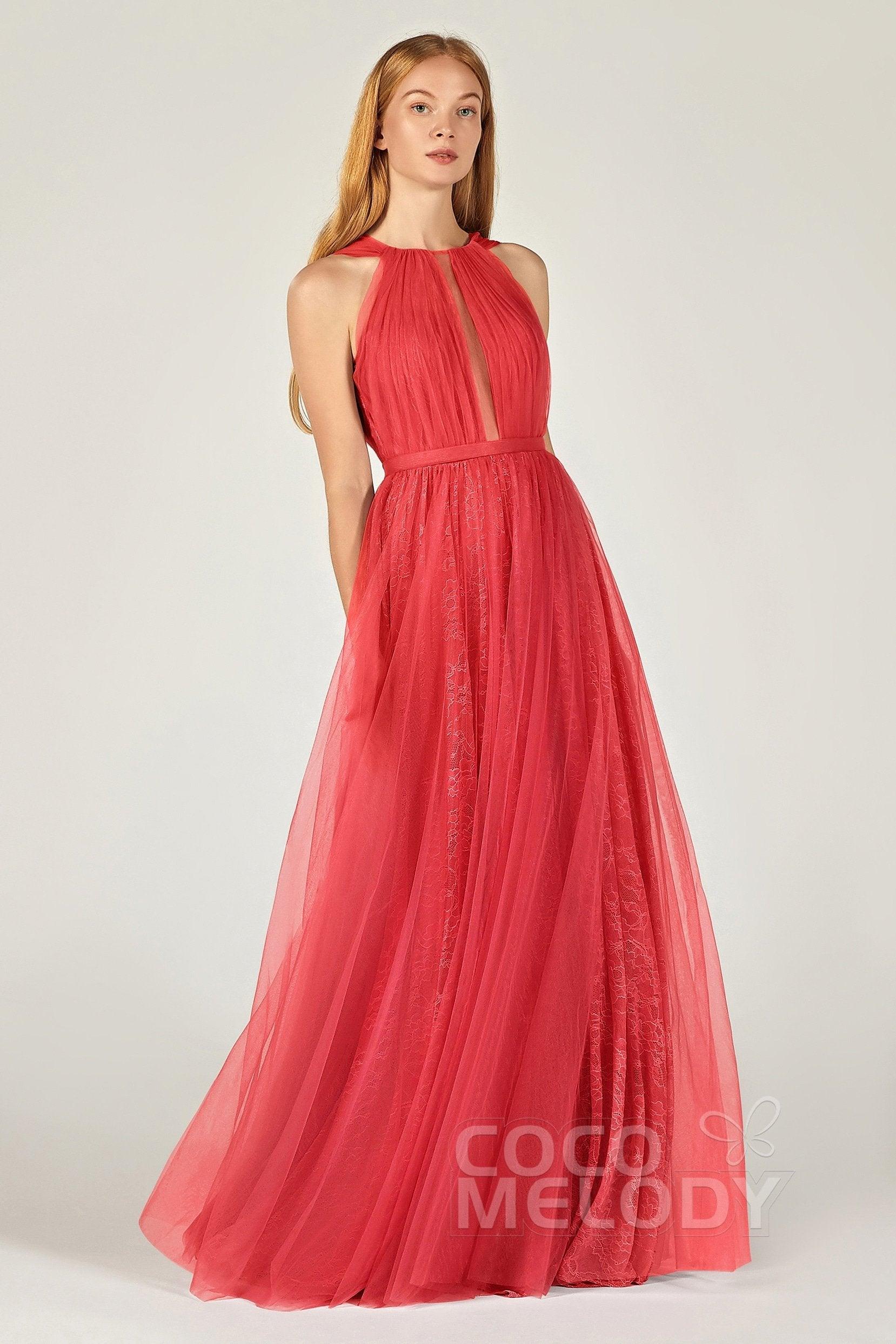 A-Line Floor Length Tulle/Lace Bridesmaid Dress CB0376 - COCOMELODY