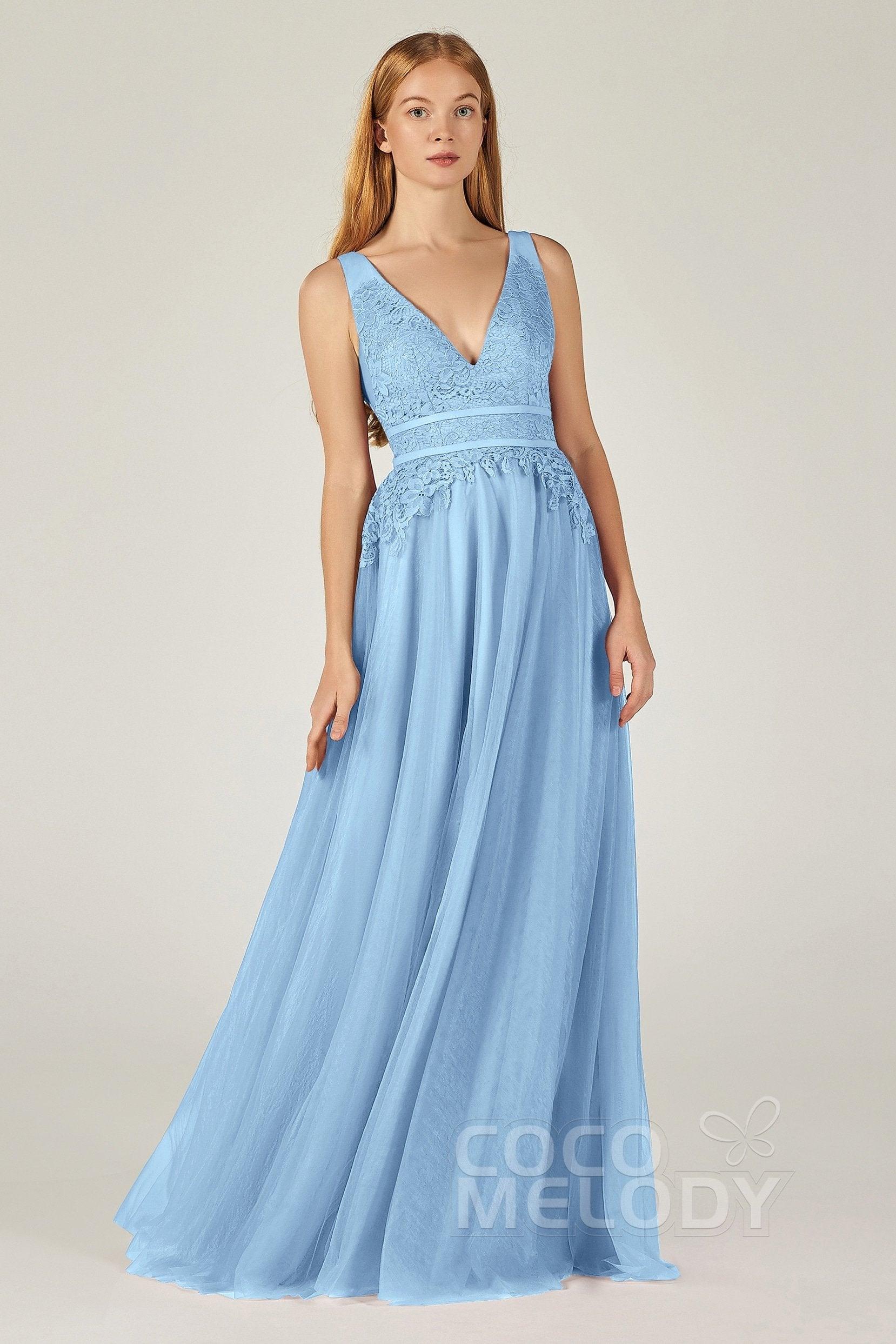 A-Line Floor Length Tulle Lace Bridesmaid Dress CB0379 - COCOMELODY