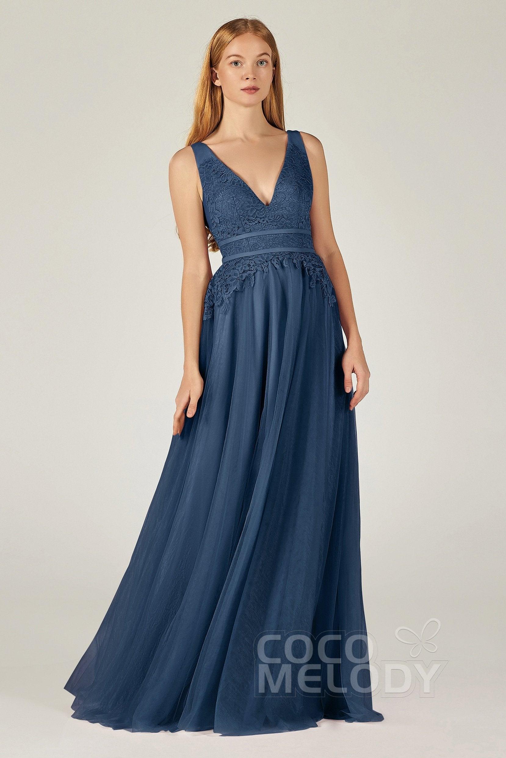 A-Line Floor Length Tulle Lace Bridesmaid Dress CB0379 - COCOMELODY