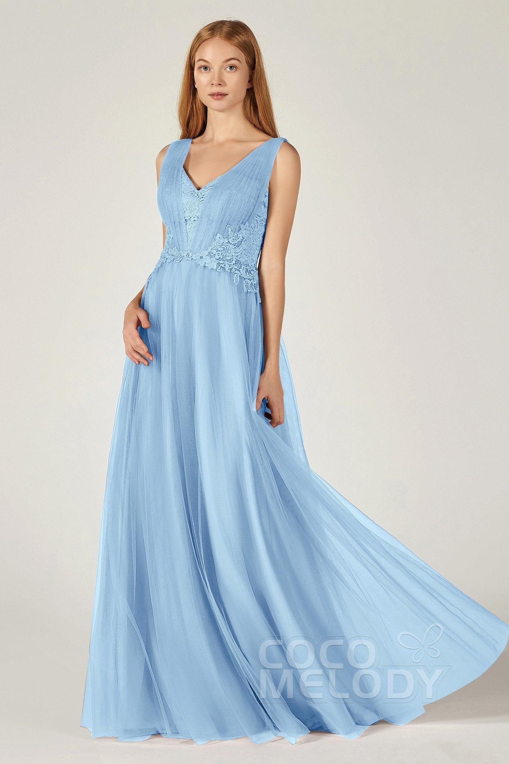 A-Line Floor Length Tulle/Lace Bridesmaid Dress CB0381 - COCOMELODY