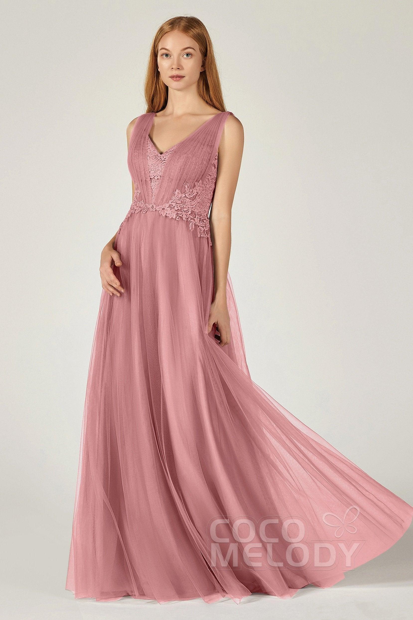 A-Line Floor Length Tulle/Lace Bridesmaid Dress CB0381 - COCOMELODY