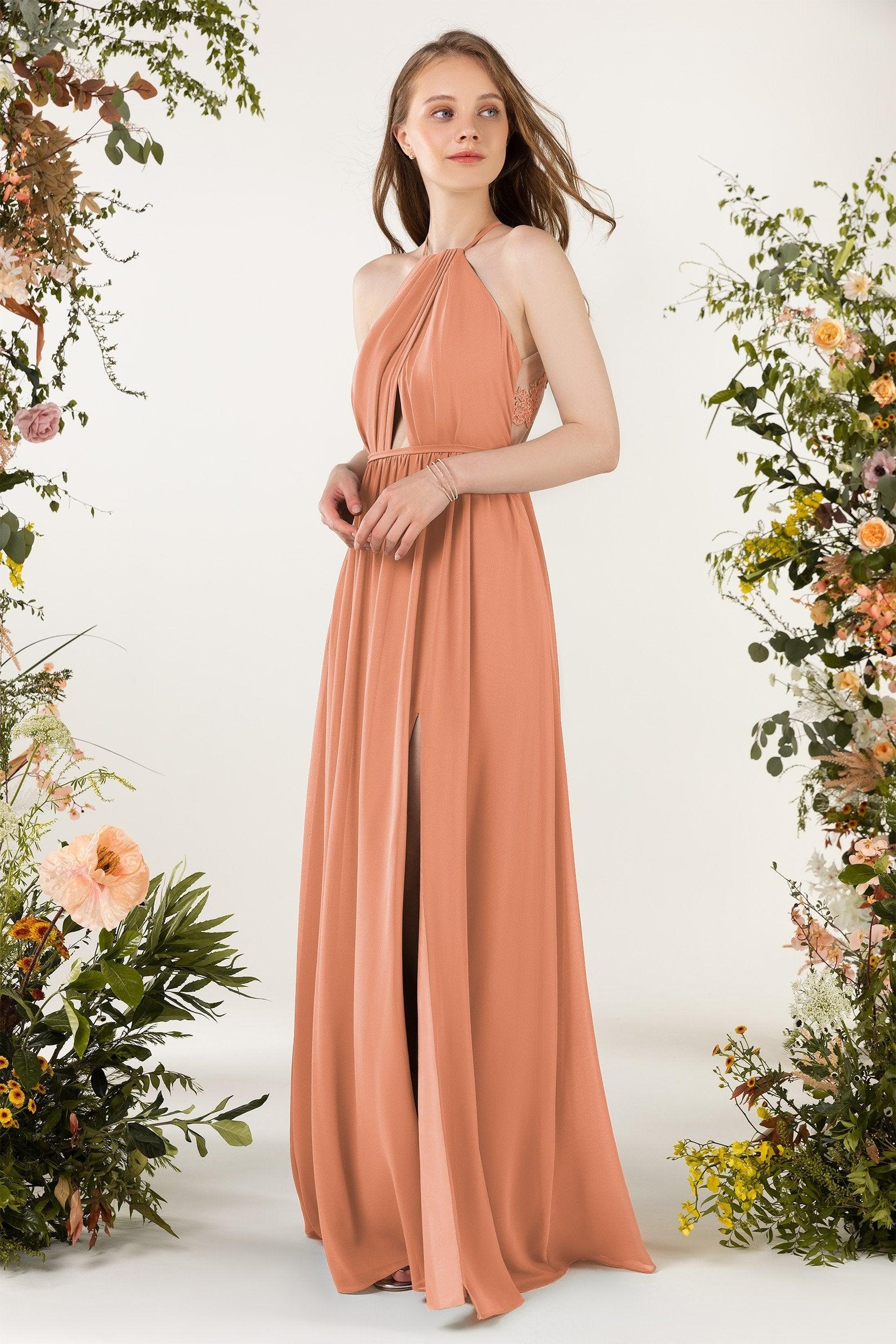 A-Line Sweep-Brush Train Chiffon Bridesmaid Dress CB0451 - COCOMELODY