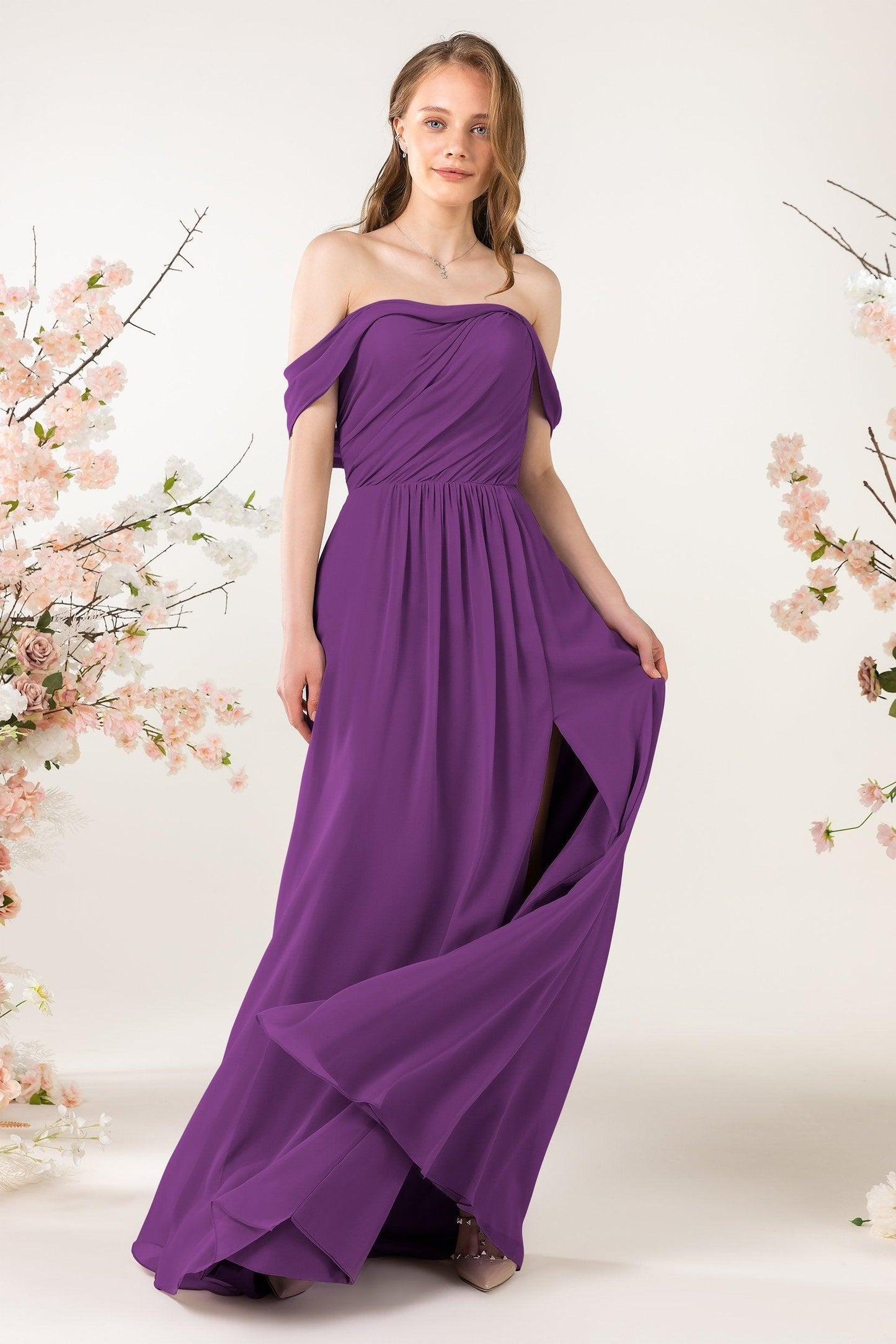 A-Line Sweep-Brush Train Chiffon Bridesmaid Dress CB0454 - COCOMELODY