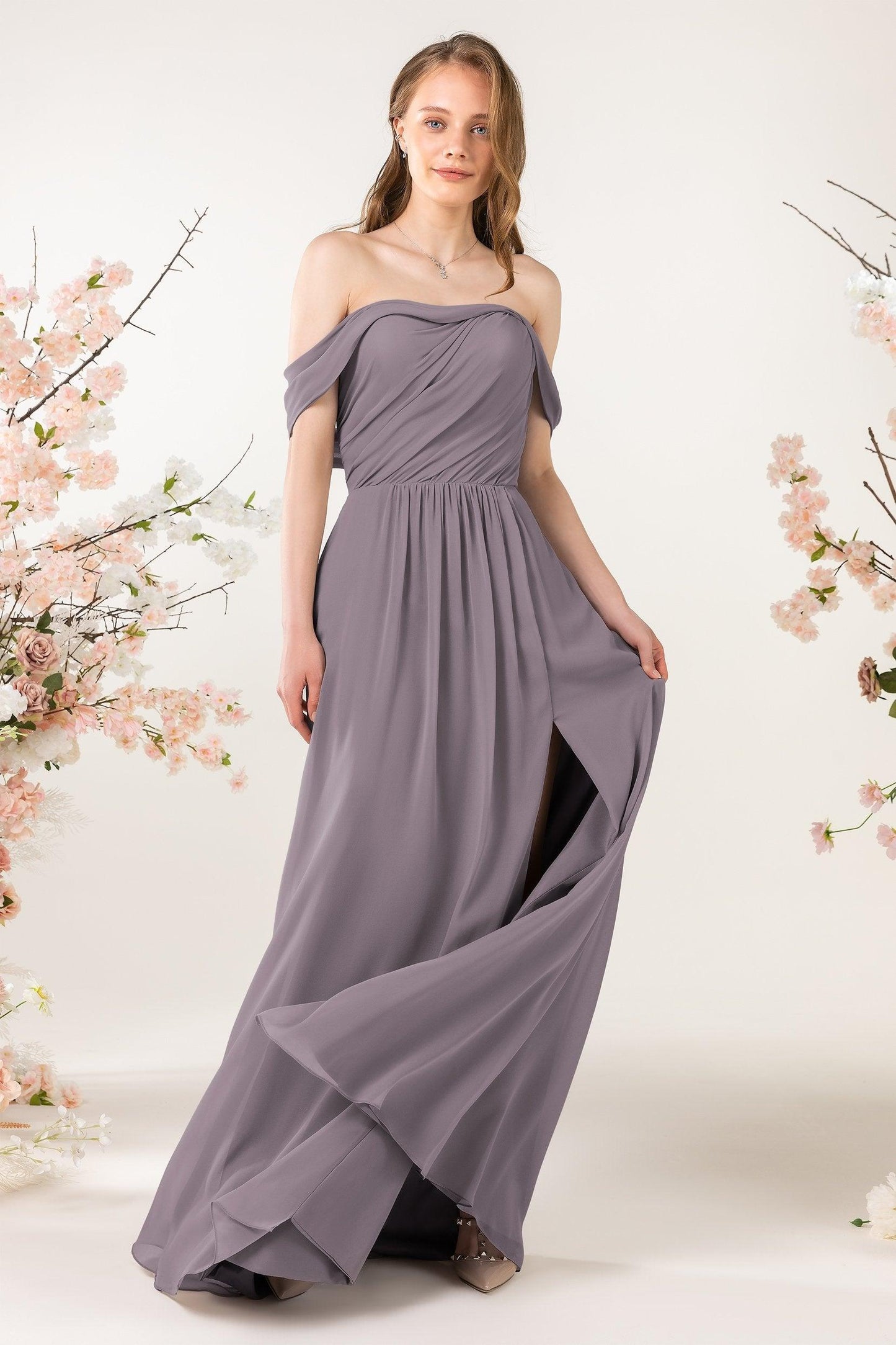A-Line Sweep-Brush Train Chiffon Bridesmaid Dress CB0454 - COCOMELODY