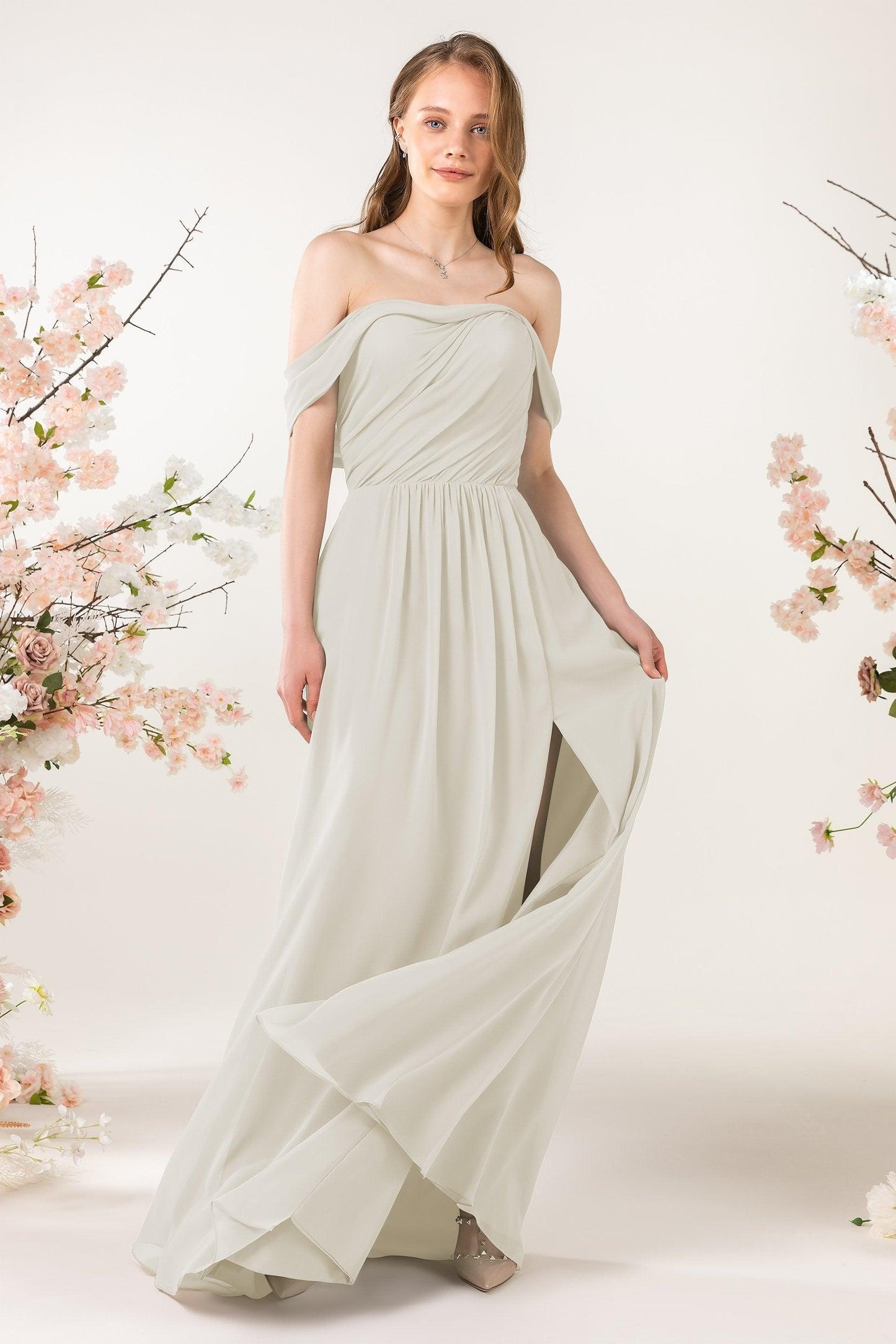 A-Line Sweep-Brush Train Chiffon Bridesmaid Dress CB0454 - COCOMELODY