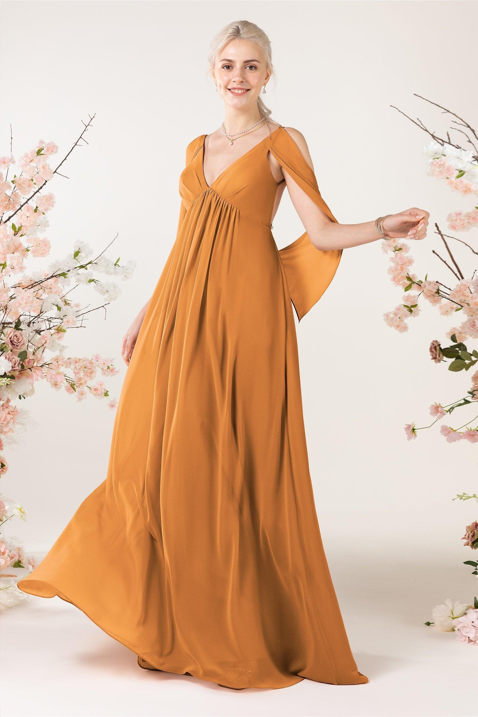 A-Line Sweep-Brush Train Chiffon Bridesmaid Dress CB0458 - COCOMELODY