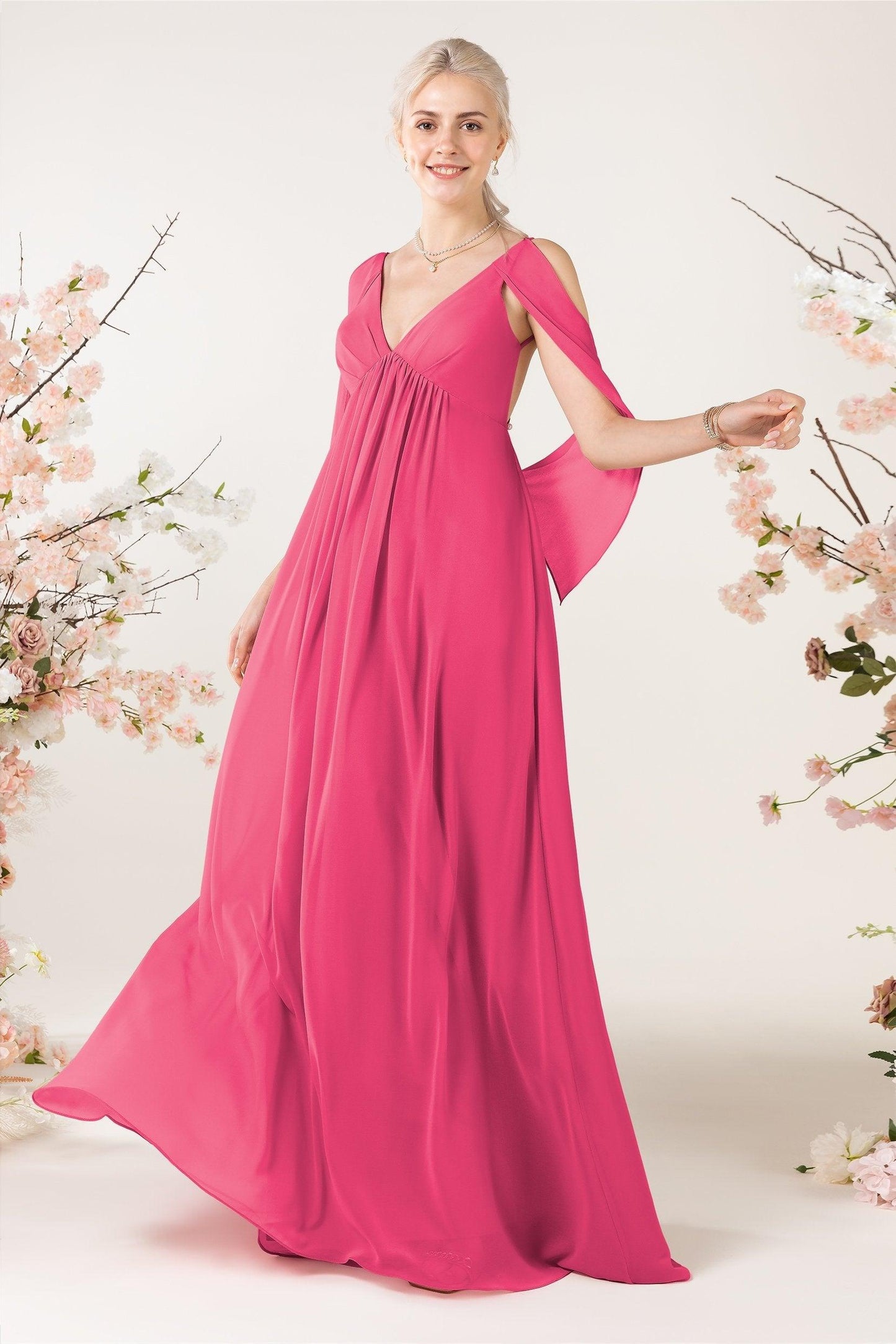 A-Line Sweep-Brush Train Chiffon Bridesmaid Dress CB0458 - COCOMELODY