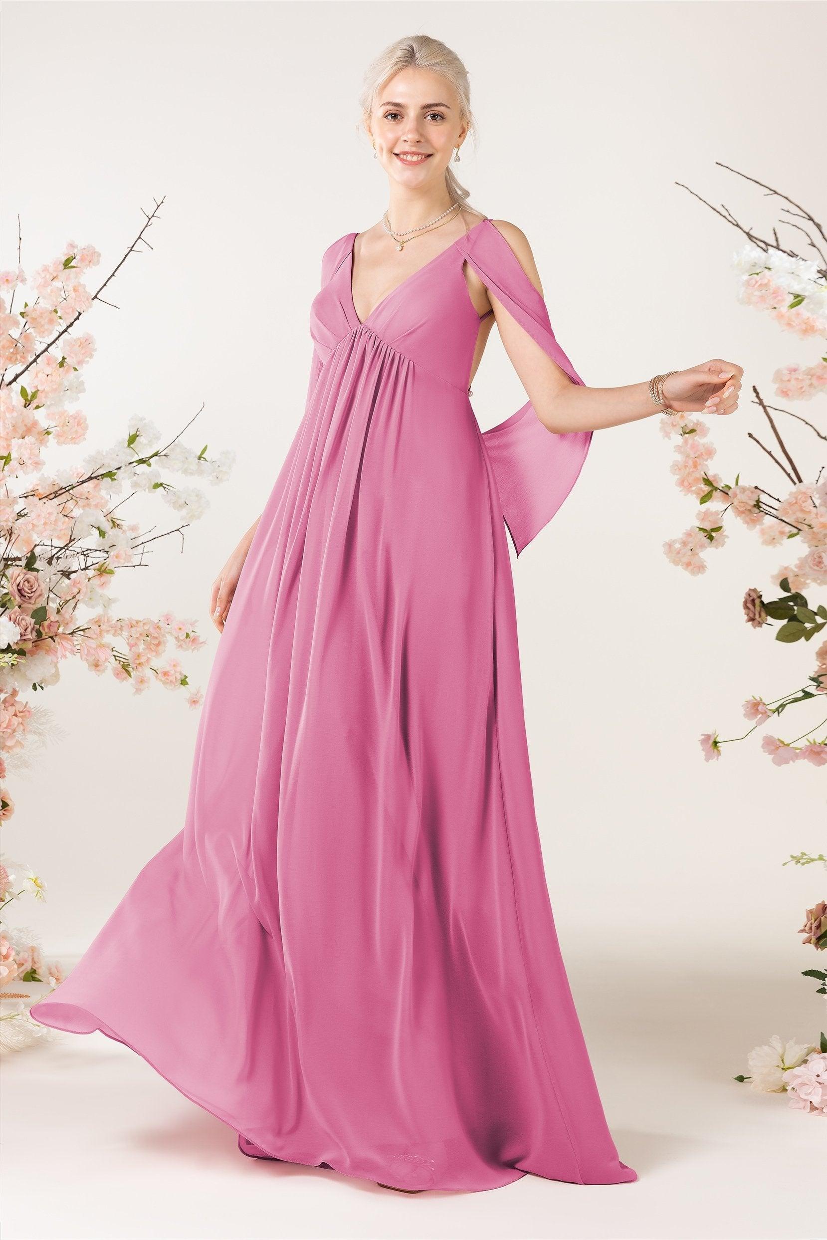 A-Line Sweep-Brush Train Chiffon Bridesmaid Dress CB0458 - COCOMELODY