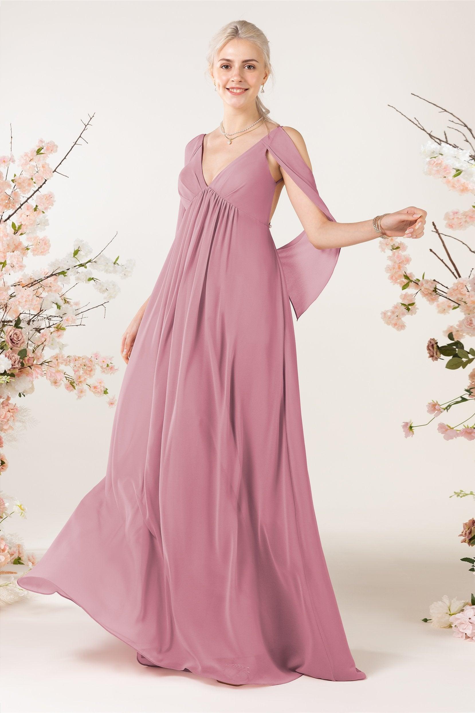 A-Line Sweep-Brush Train Chiffon Bridesmaid Dress CB0458 - COCOMELODY
