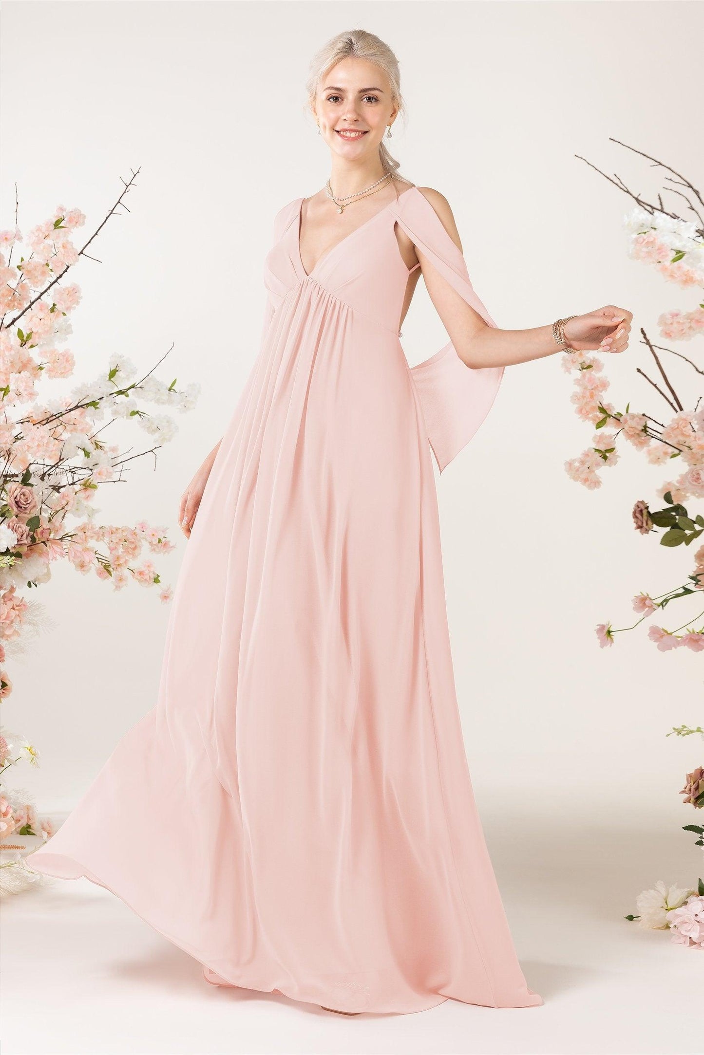 A-Line Sweep-Brush Train Chiffon Bridesmaid Dress CB0458 - COCOMELODY