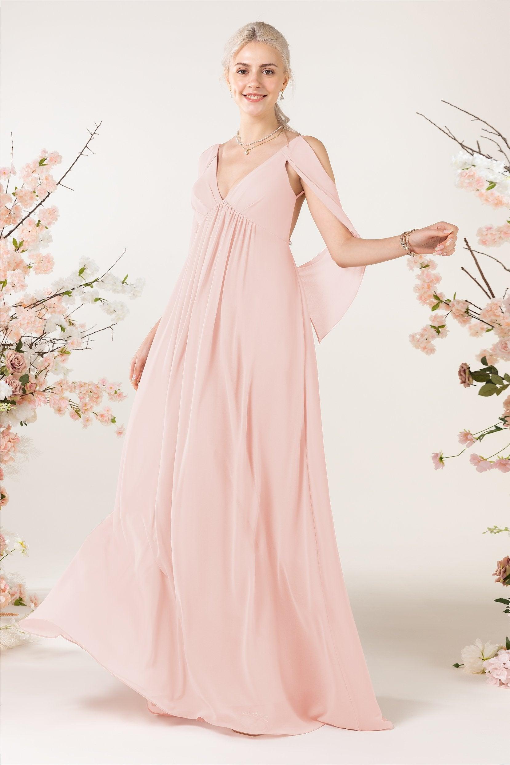A-Line Sweep-Brush Train Chiffon Bridesmaid Dress CB0458 - COCOMELODY