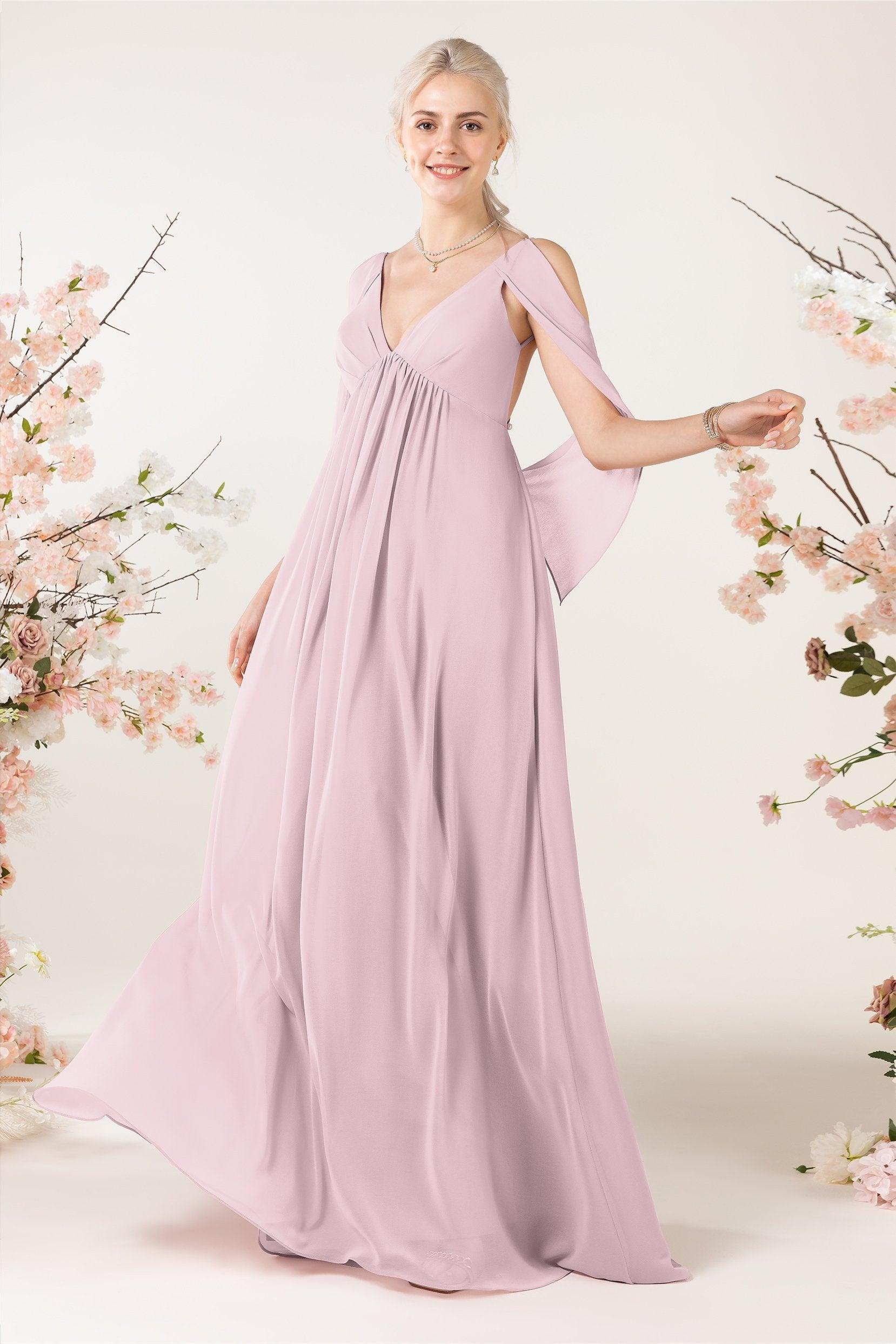 A-Line Sweep-Brush Train Chiffon Bridesmaid Dress CB0458 - COCOMELODY