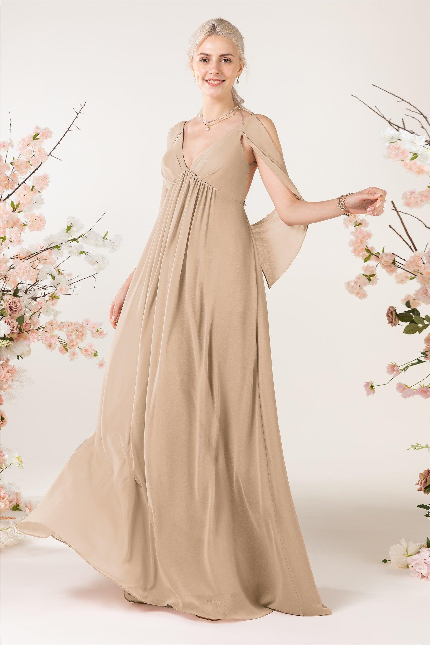 A-Line Sweep-Brush Train Chiffon Bridesmaid Dress CB0458 - COCOMELODY