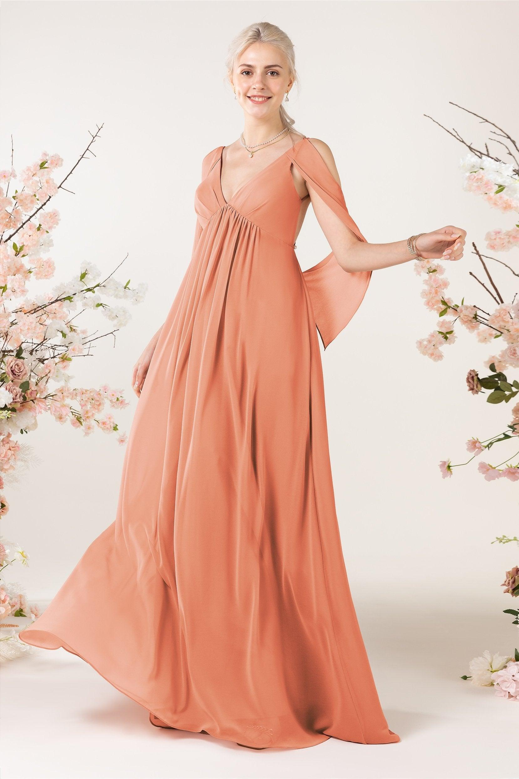 A-Line Sweep-Brush Train Chiffon Bridesmaid Dress CB0458 - COCOMELODY