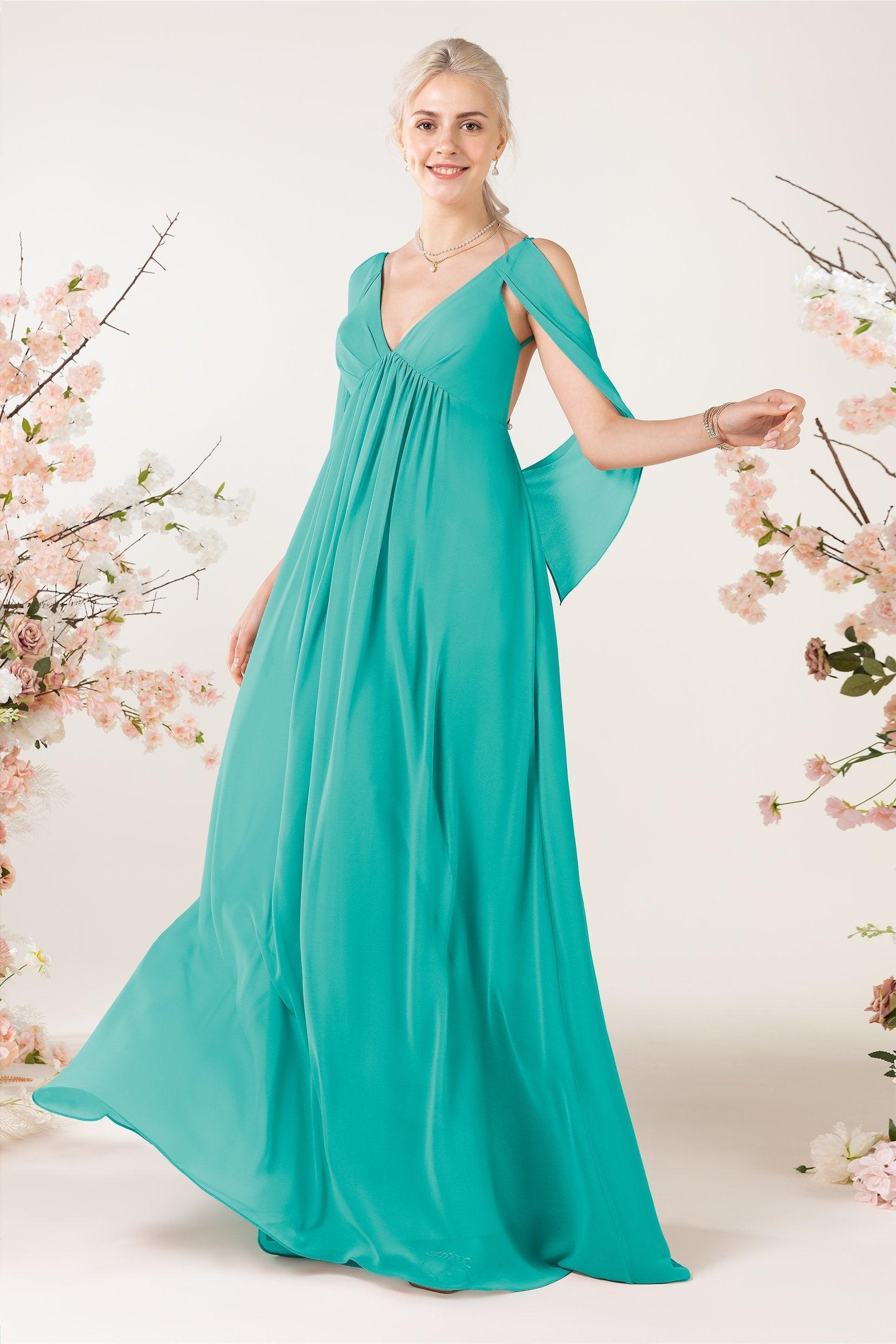 A-Line Sweep-Brush Train Chiffon Bridesmaid Dress CB0458 - COCOMELODY
