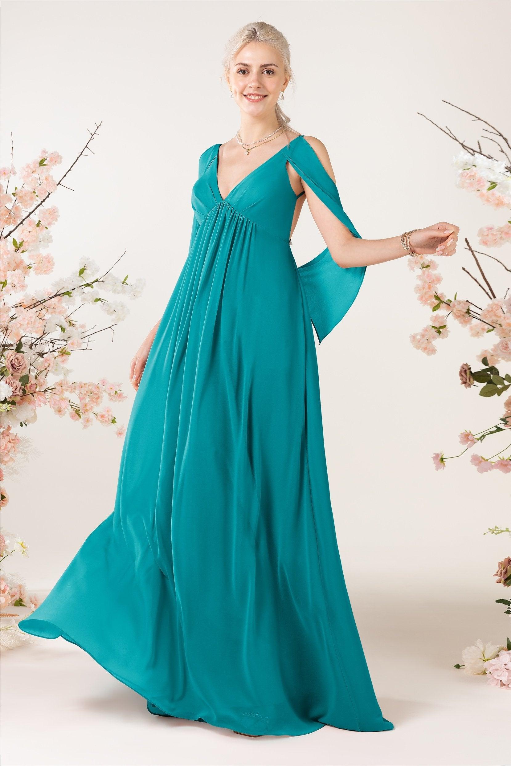 A-Line Sweep-Brush Train Chiffon Bridesmaid Dress CB0458 - COCOMELODY