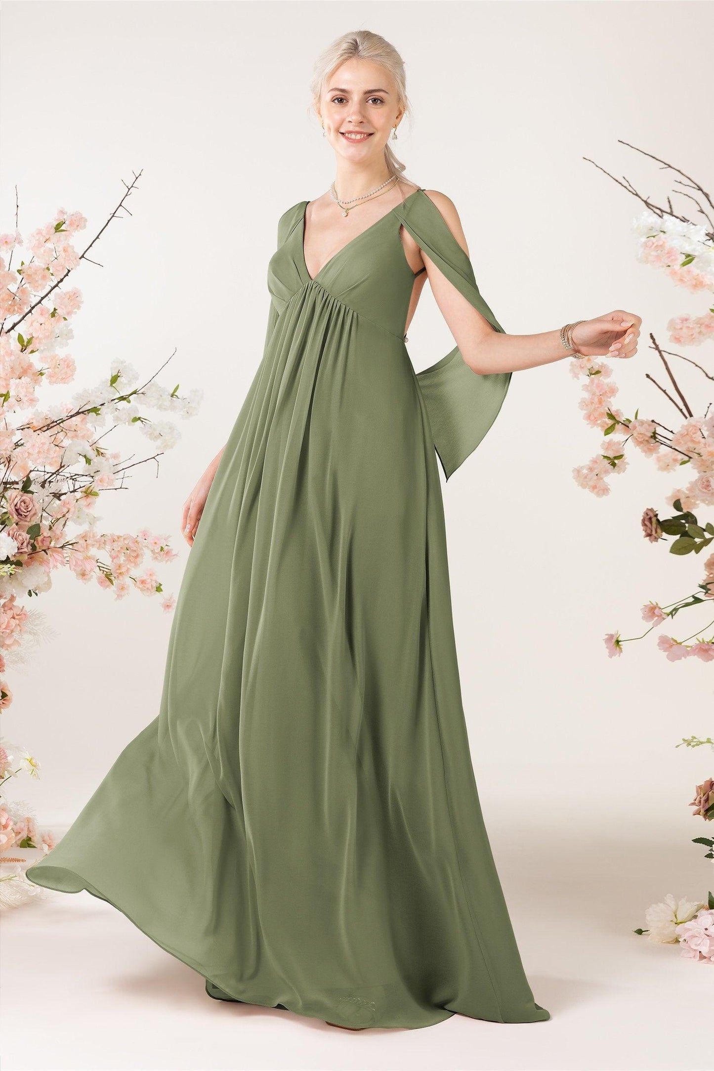 A-Line Sweep-Brush Train Chiffon Bridesmaid Dress CB0458 - COCOMELODY
