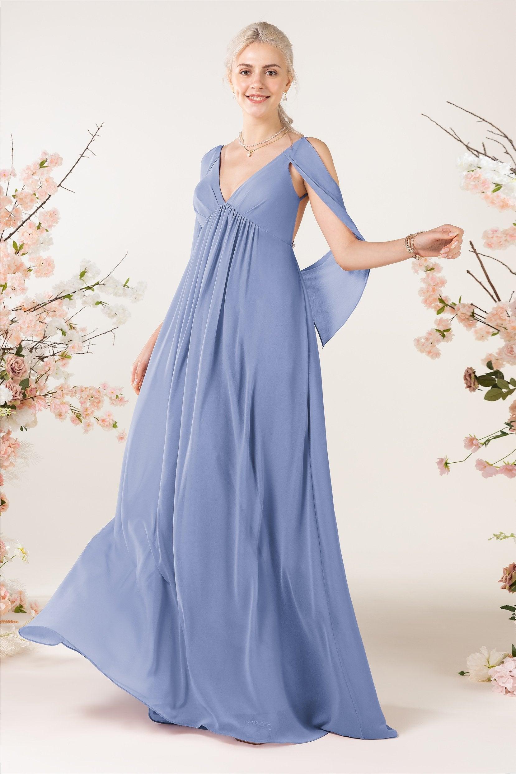 A-Line Sweep-Brush Train Chiffon Bridesmaid Dress CB0458 - COCOMELODY