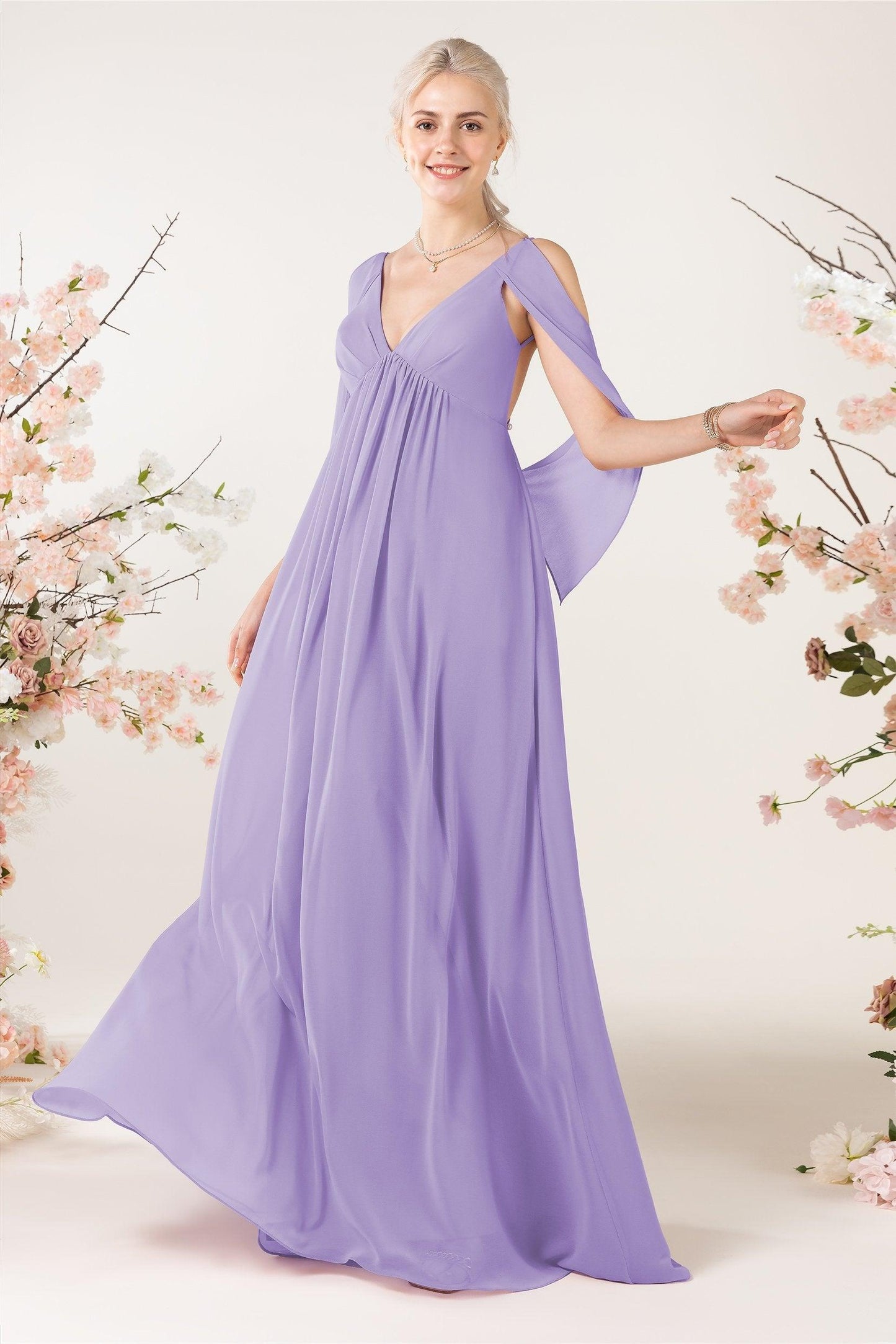A-Line Sweep-Brush Train Chiffon Bridesmaid Dress CB0458 - COCOMELODY