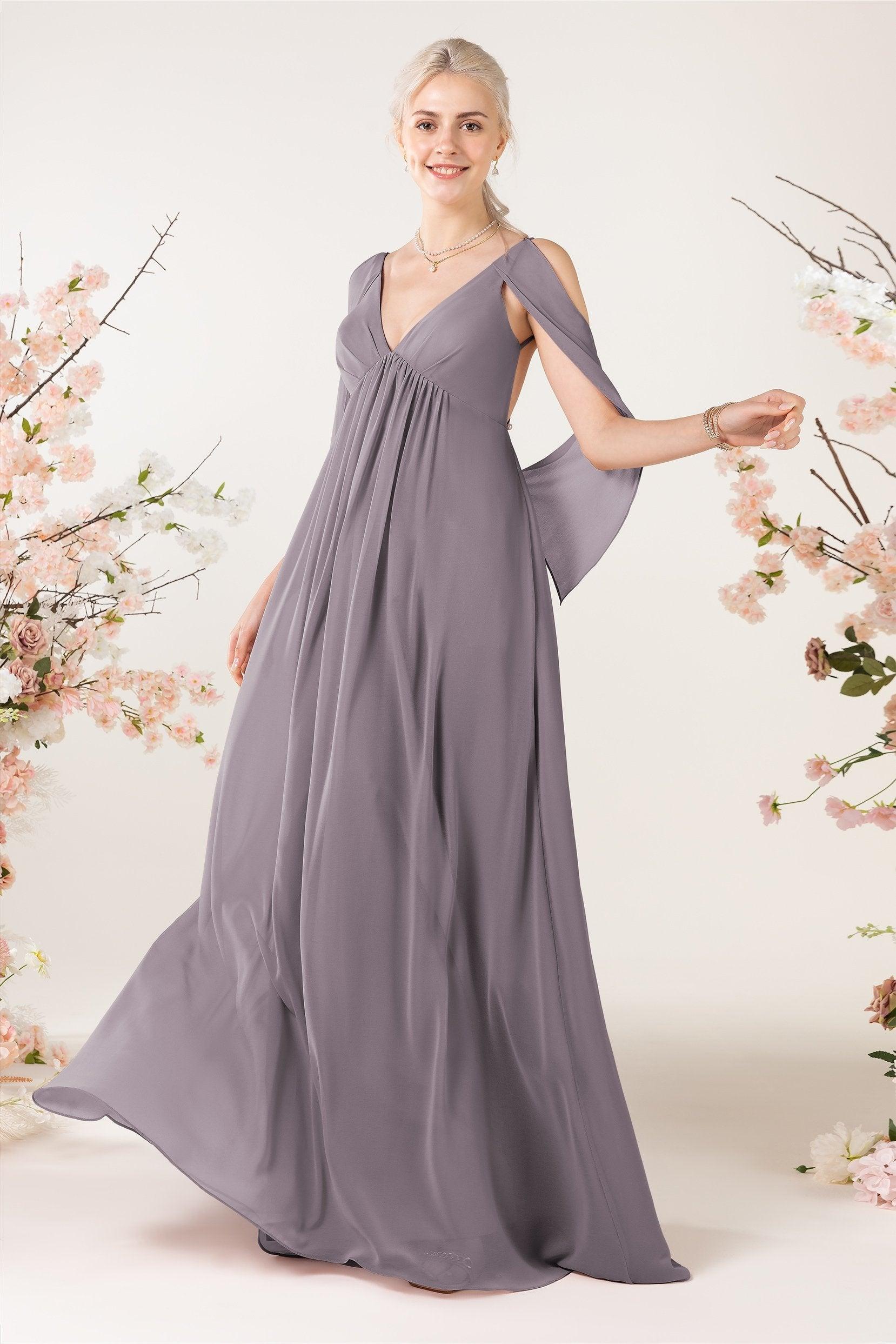 A-Line Sweep-Brush Train Chiffon Bridesmaid Dress CB0458 - COCOMELODY