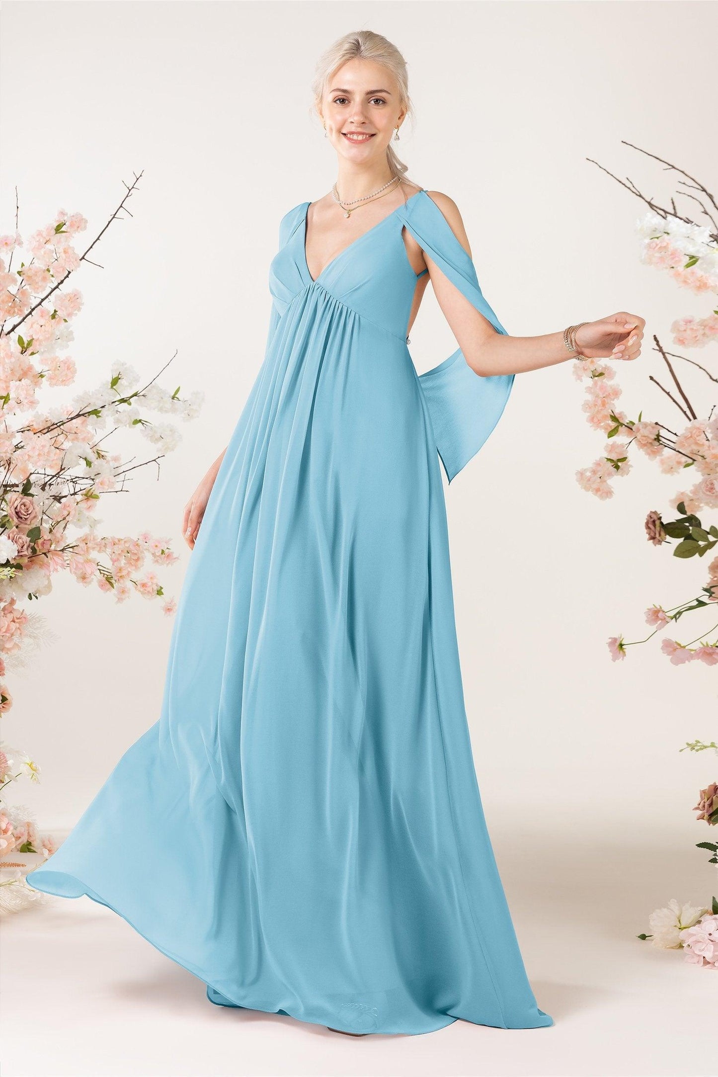 A-Line Sweep-Brush Train Chiffon Bridesmaid Dress CB0458 - COCOMELODY