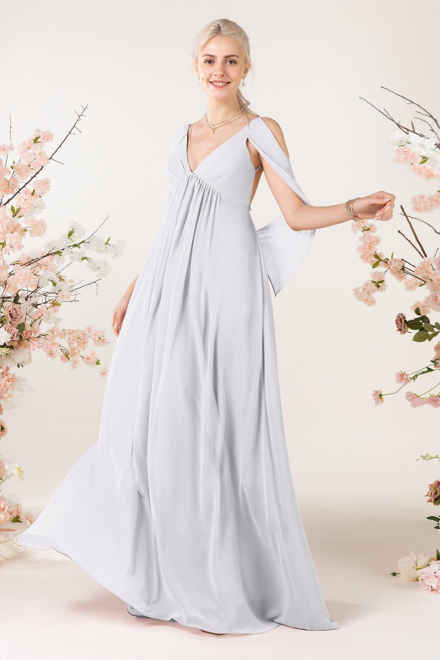 A-Line Sweep-Brush Train Chiffon Bridesmaid Dress CB0458 - COCOMELODY