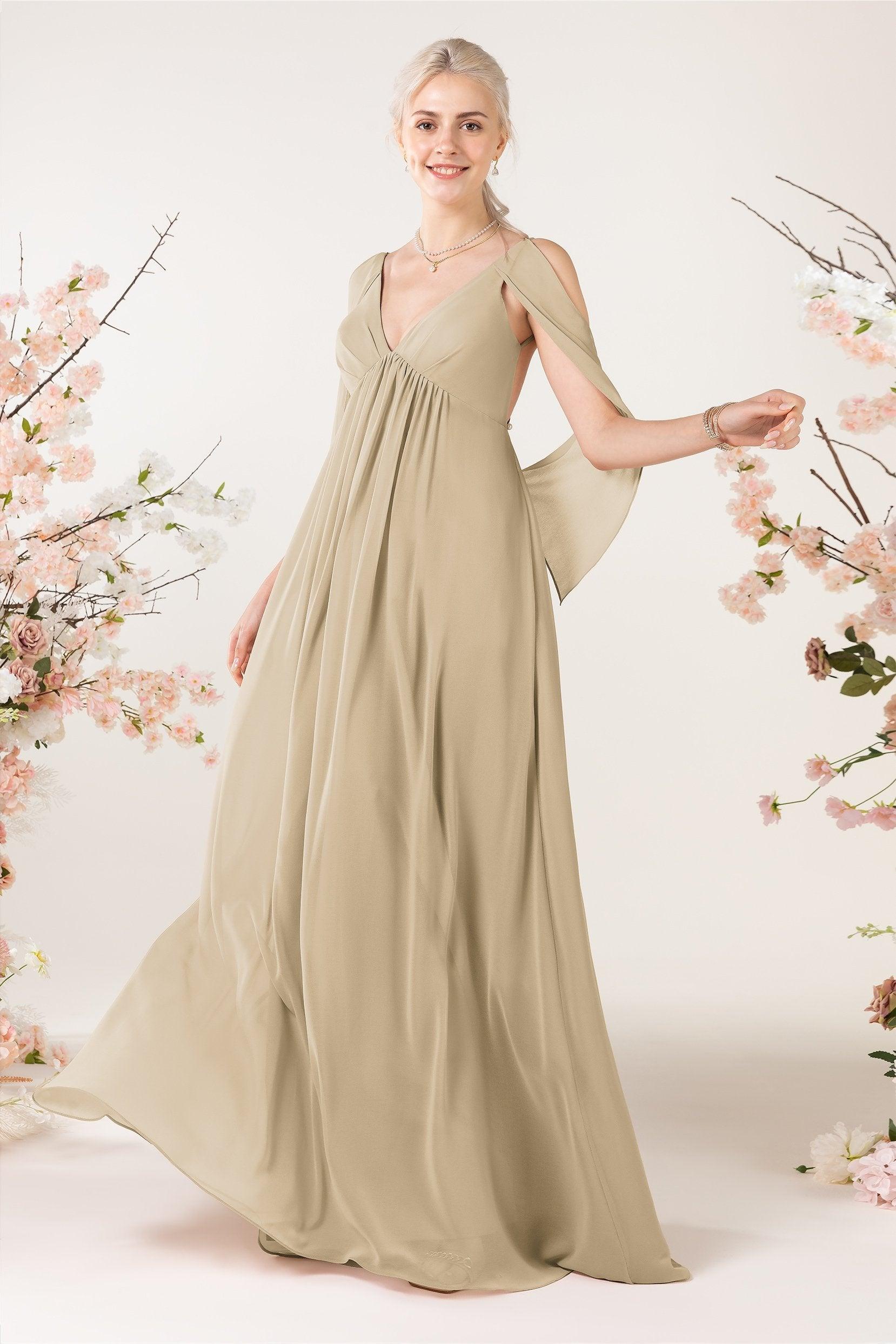 A-Line Sweep-Brush Train Chiffon Bridesmaid Dress CB0458 - COCOMELODY