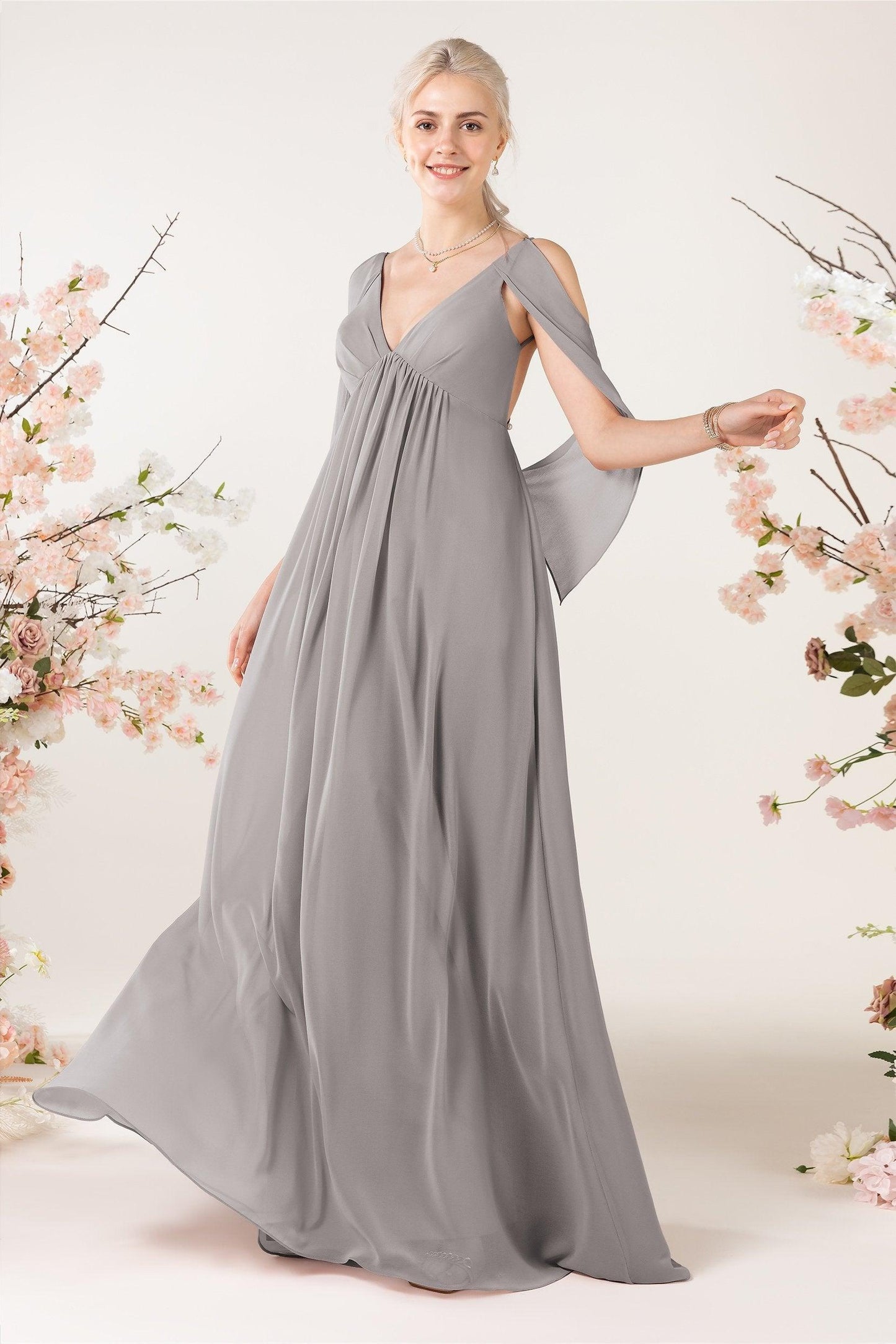 A-Line Sweep-Brush Train Chiffon Bridesmaid Dress CB0458 - COCOMELODY