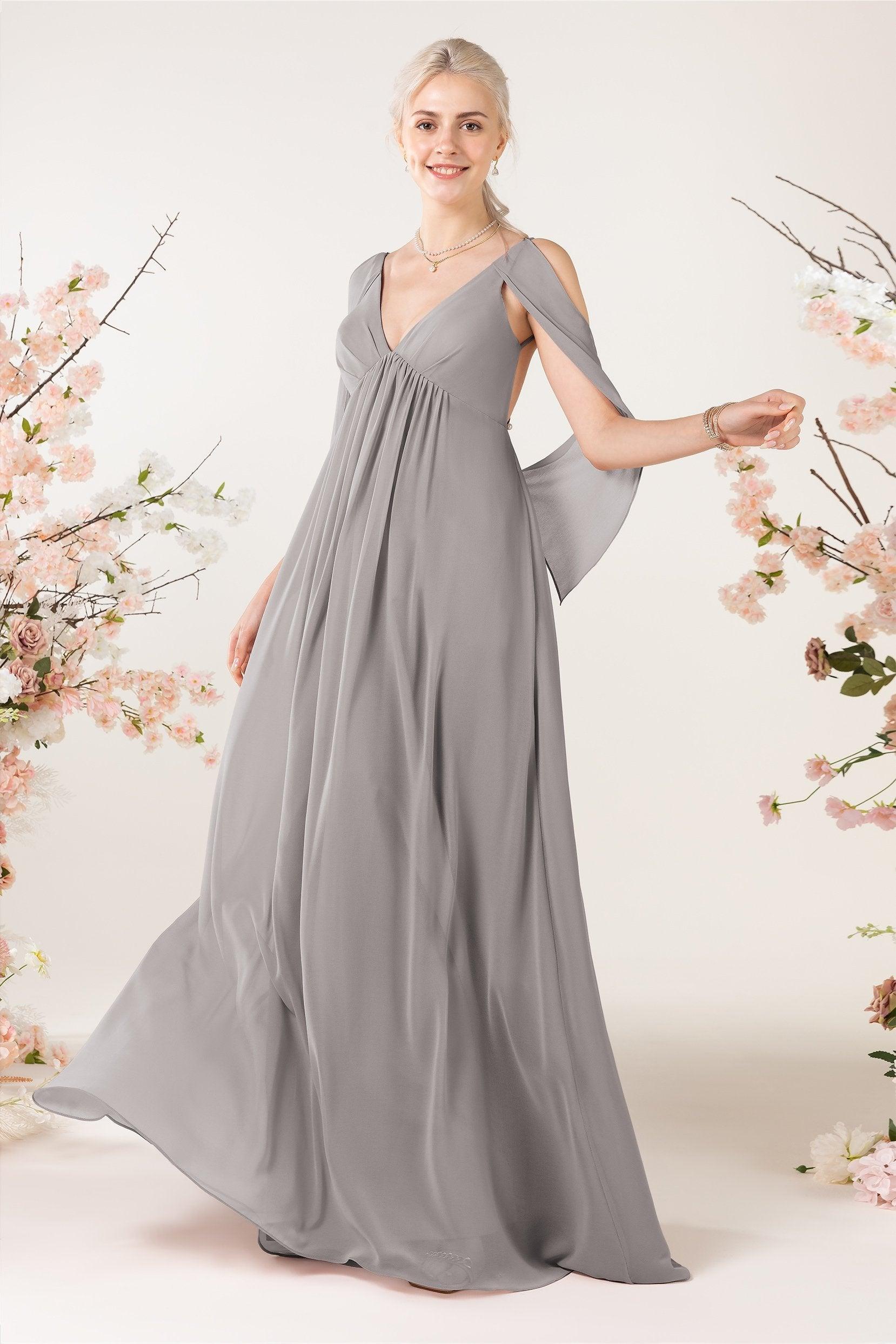 A-Line Sweep-Brush Train Chiffon Bridesmaid Dress CB0458 - COCOMELODY
