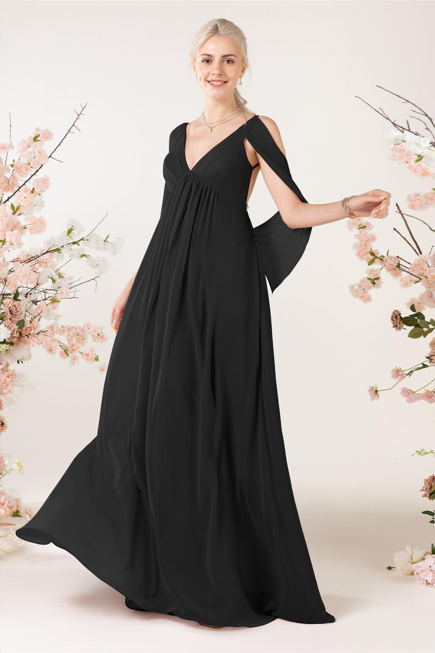 A-Line Sweep-Brush Train Chiffon Bridesmaid Dress CB0458 - COCOMELODY