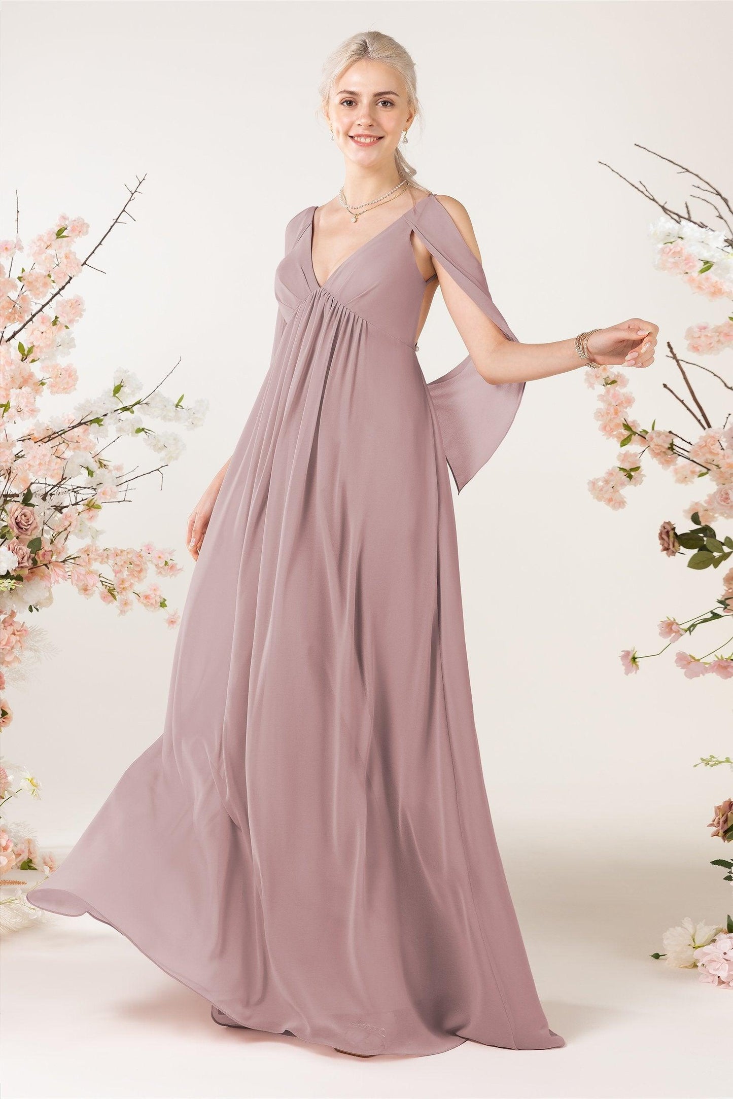 A-Line Sweep-Brush Train Chiffon Bridesmaid Dress CB0458 - COCOMELODY