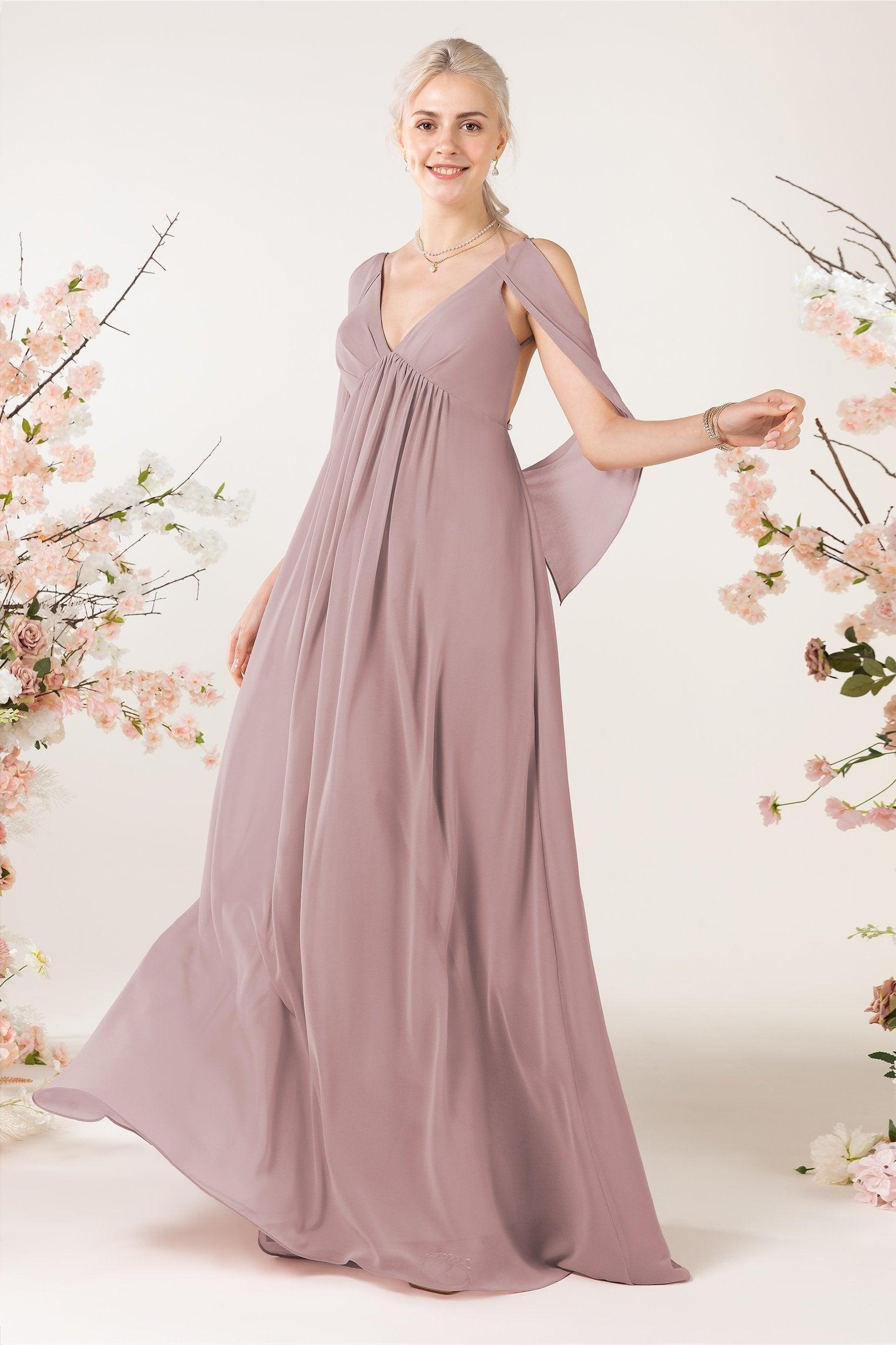 A-Line Sweep-Brush Train Chiffon Bridesmaid Dress CB0458 - COCOMELODY