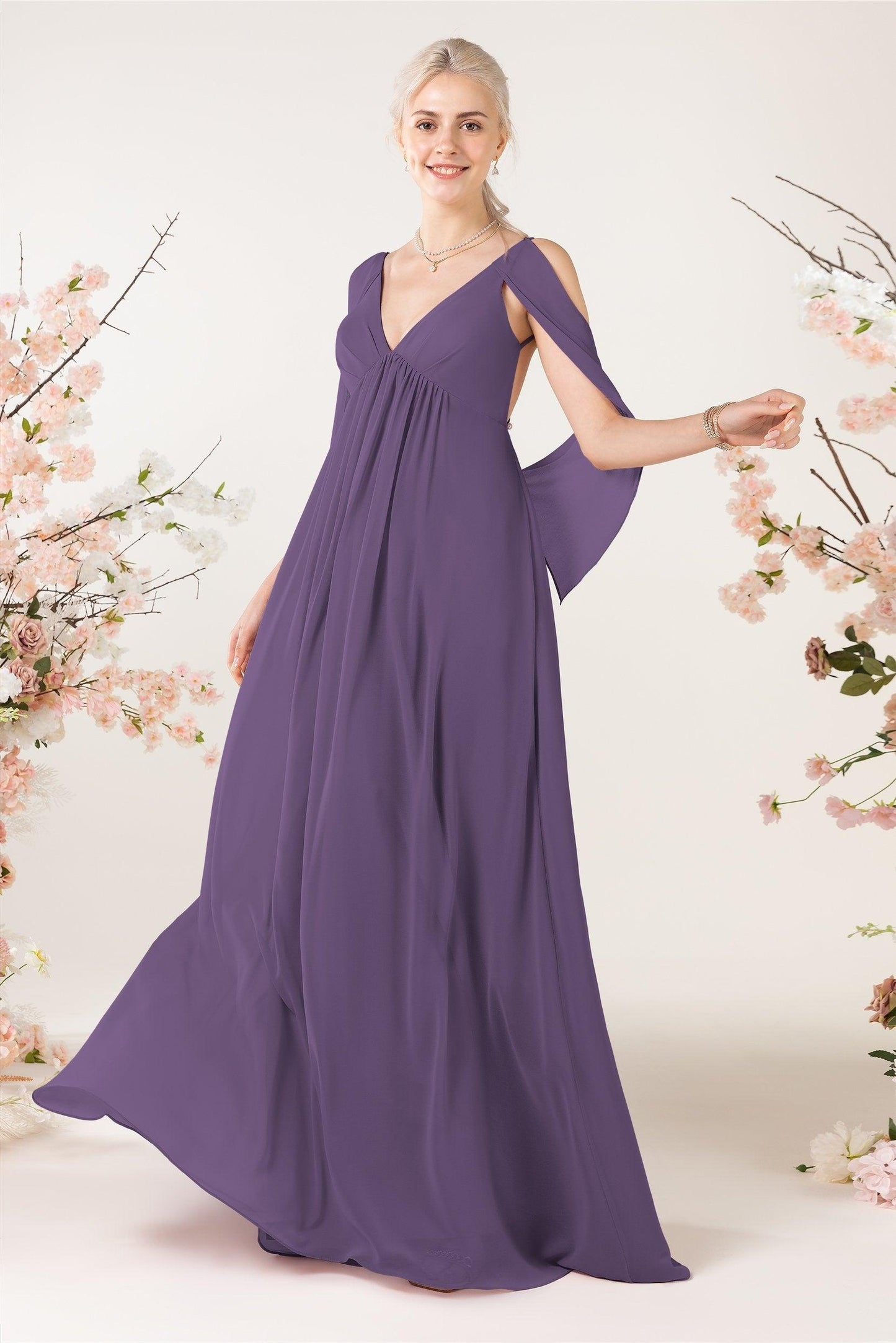 A-Line Sweep-Brush Train Chiffon Bridesmaid Dress CB0458 - COCOMELODY