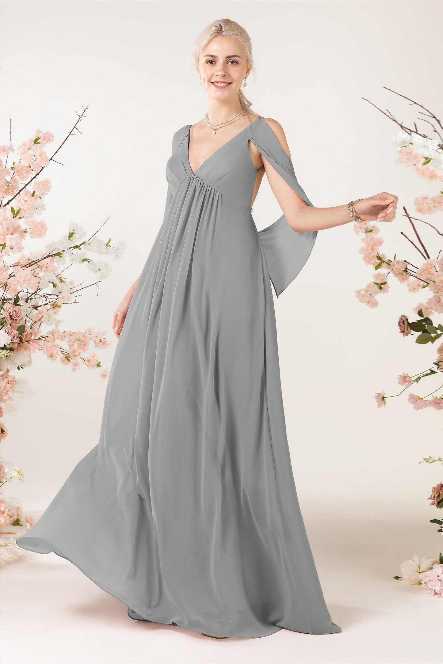 A-Line Sweep-Brush Train Chiffon Bridesmaid Dress CB0458 - COCOMELODY