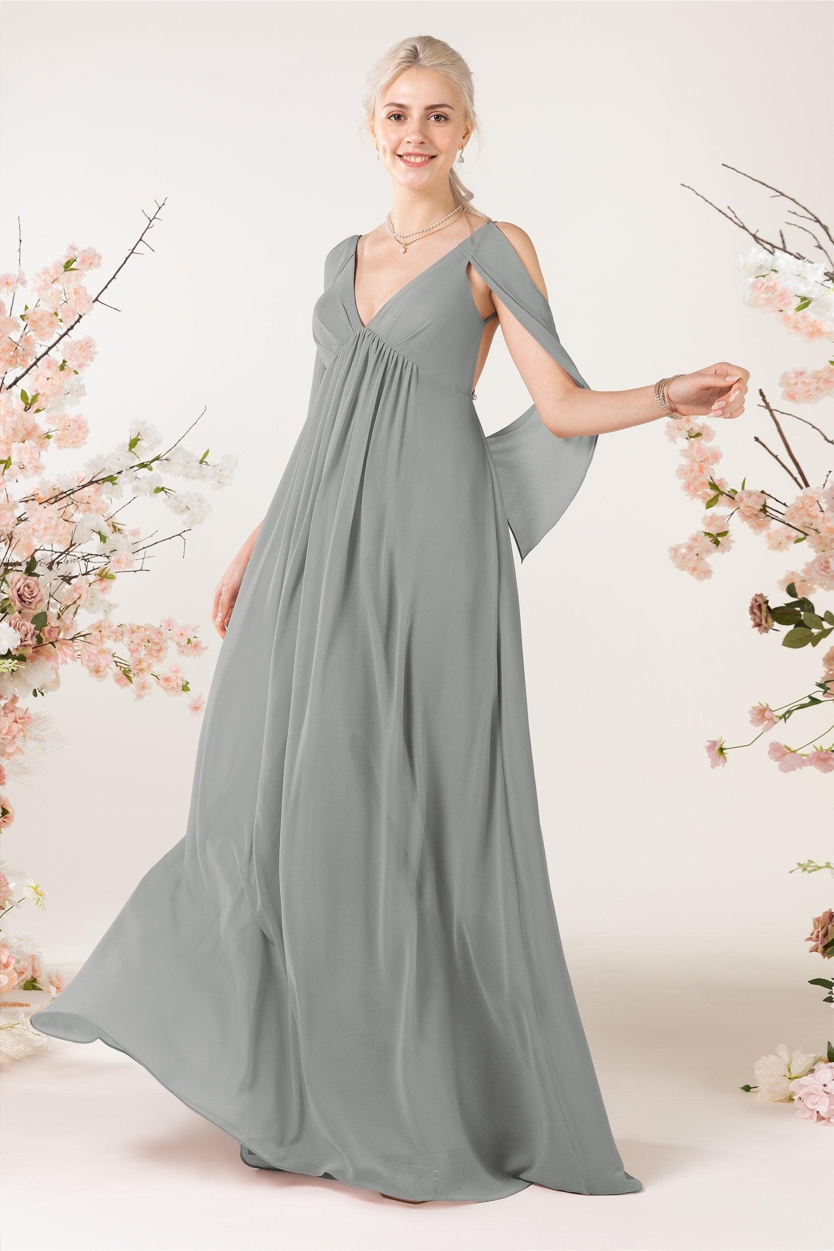 A-Line Sweep-Brush Train Chiffon Bridesmaid Dress CB0458 - COCOMELODY
