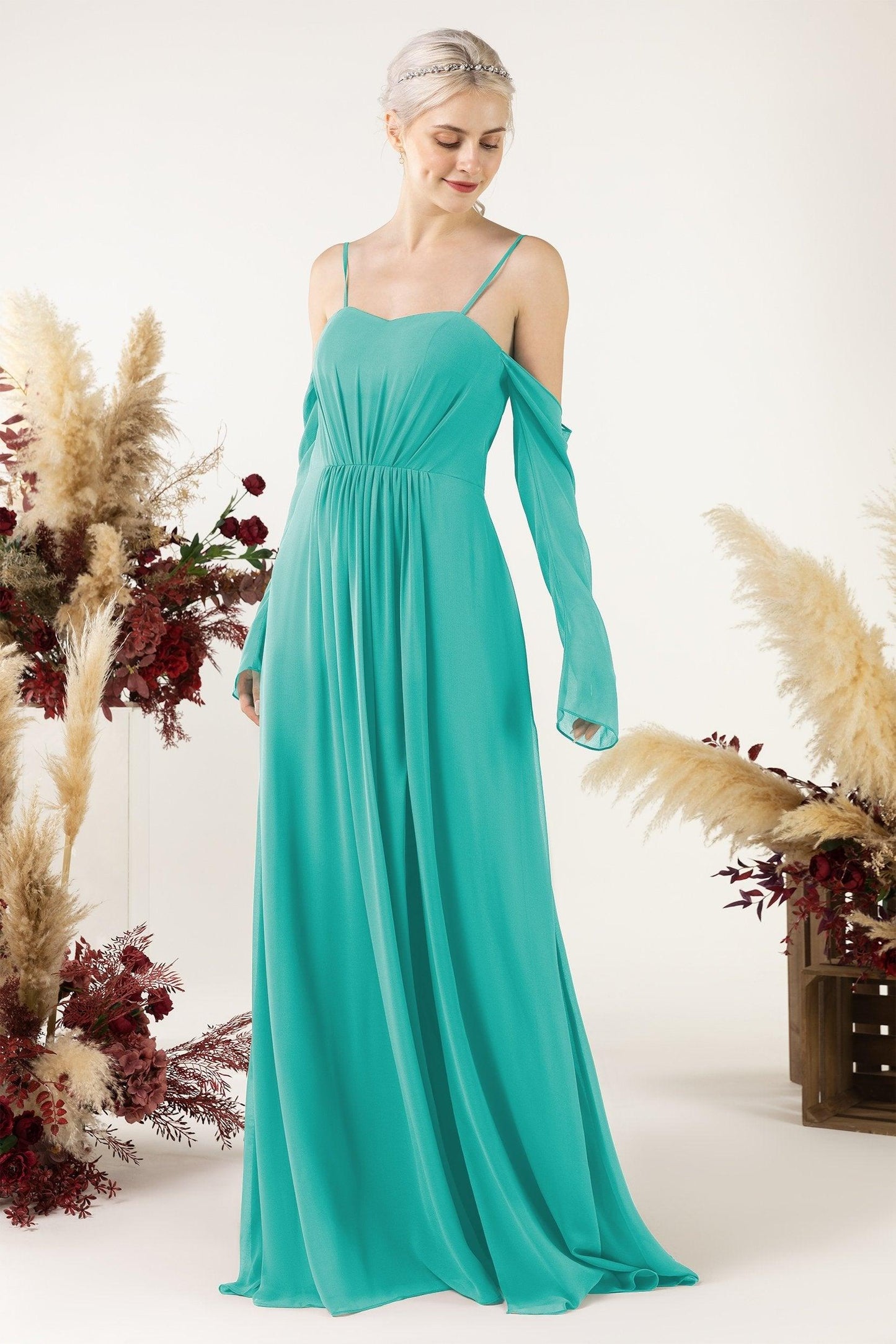 A-Line Sweep-Brush Train Chiffon Bridesmaid Dress CB0460 - COCOMELODY