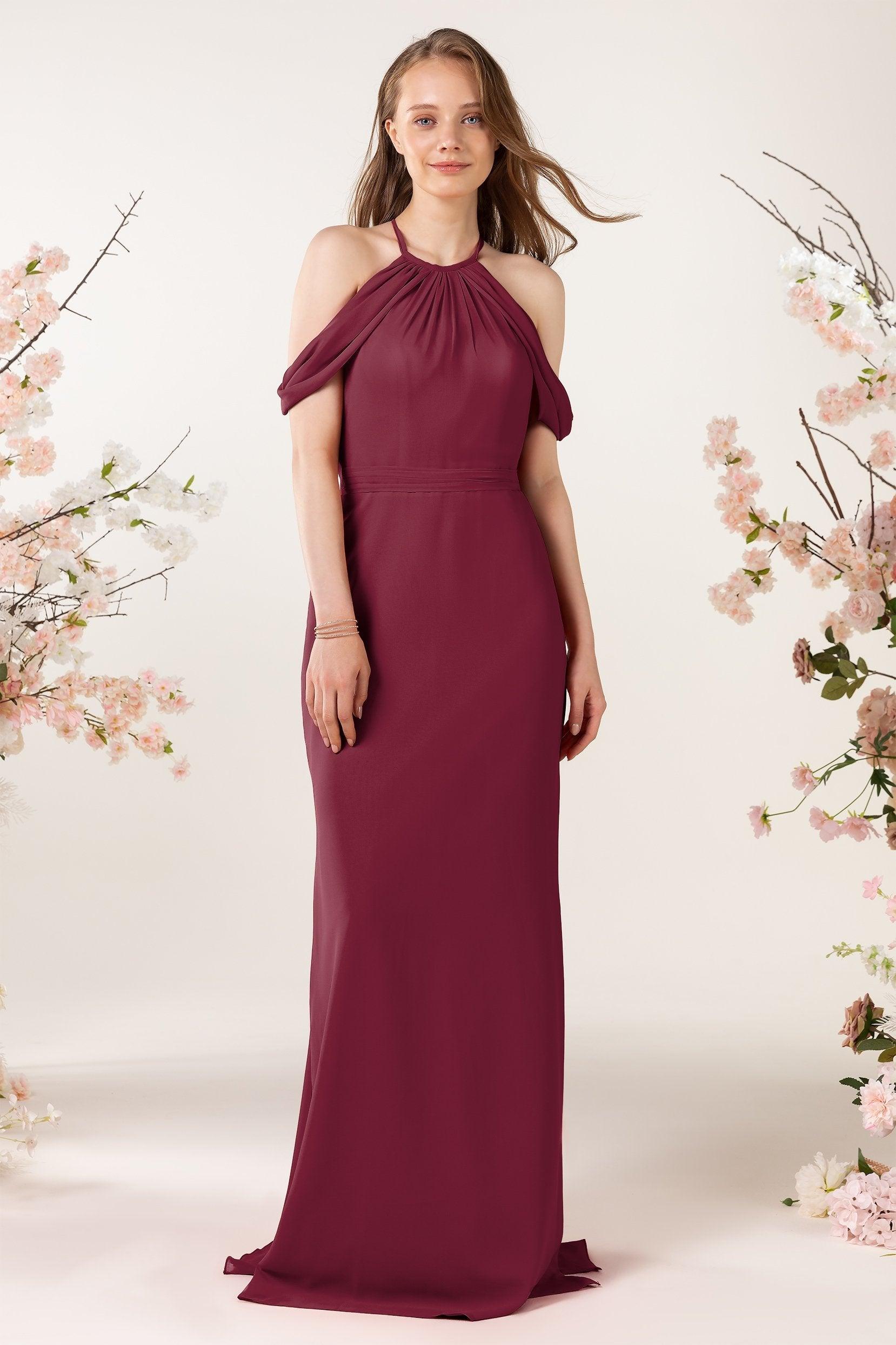 Sheath-Column Sweep Train Chiffon Bridesmaid Dress CB0463 - COCOMELODY