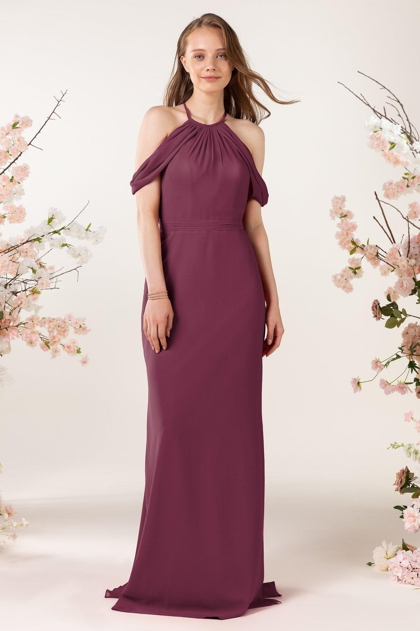 Sheath-Column Sweep Train Chiffon Bridesmaid Dress CB0463 - COCOMELODY