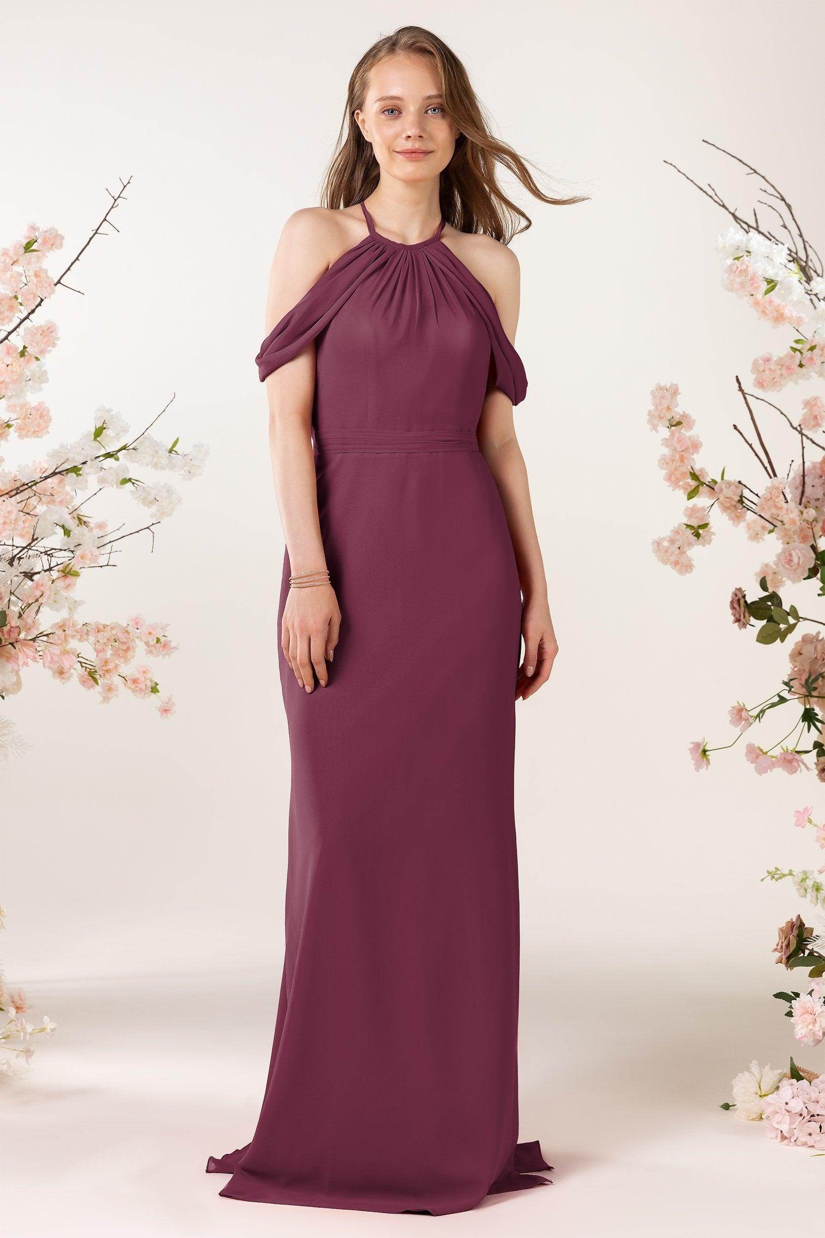 Sheath-Column Sweep Train Chiffon Bridesmaid Dress CB0463 - COCOMELODY