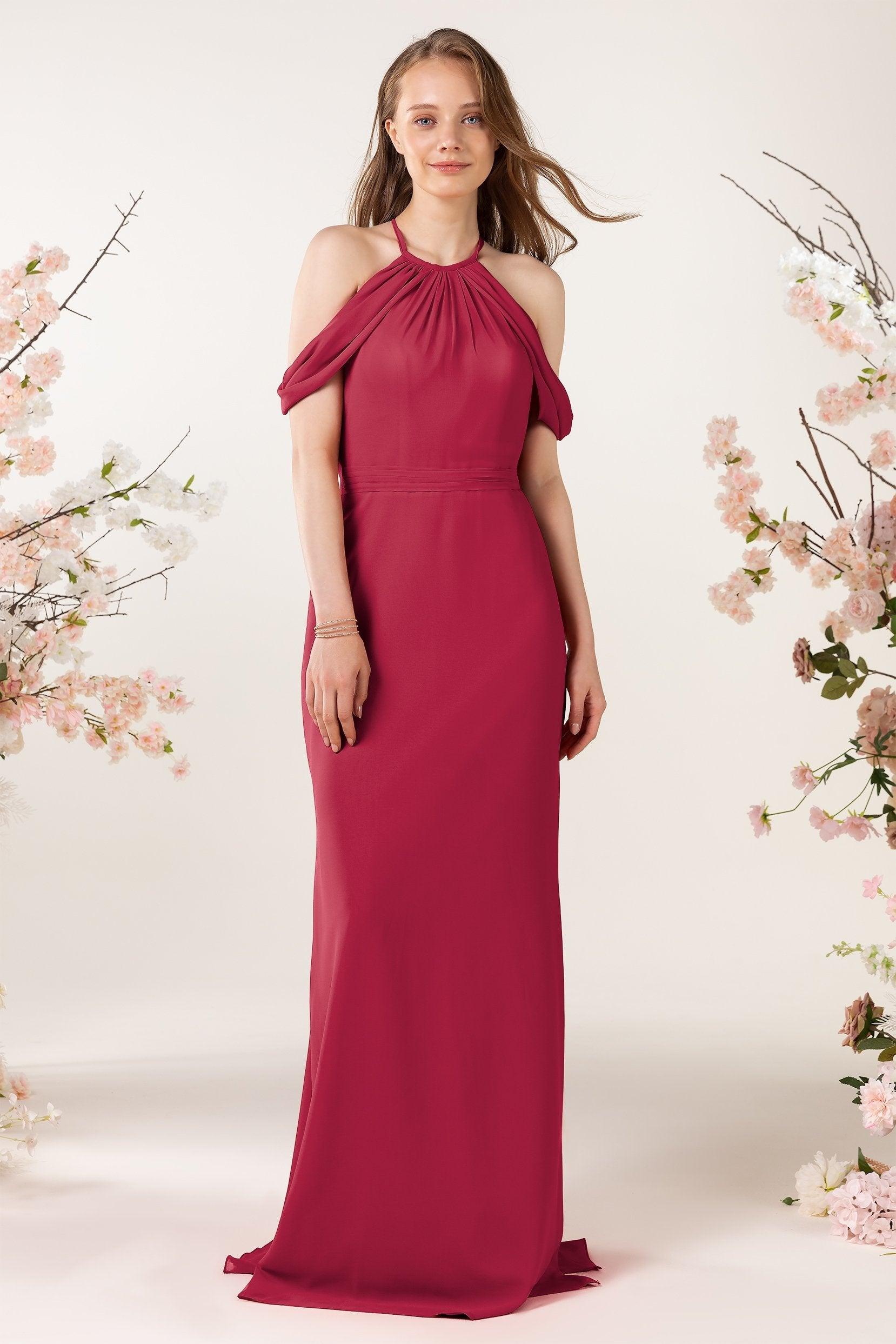 Sheath-Column Sweep Train Chiffon Bridesmaid Dress CB0463 - COCOMELODY
